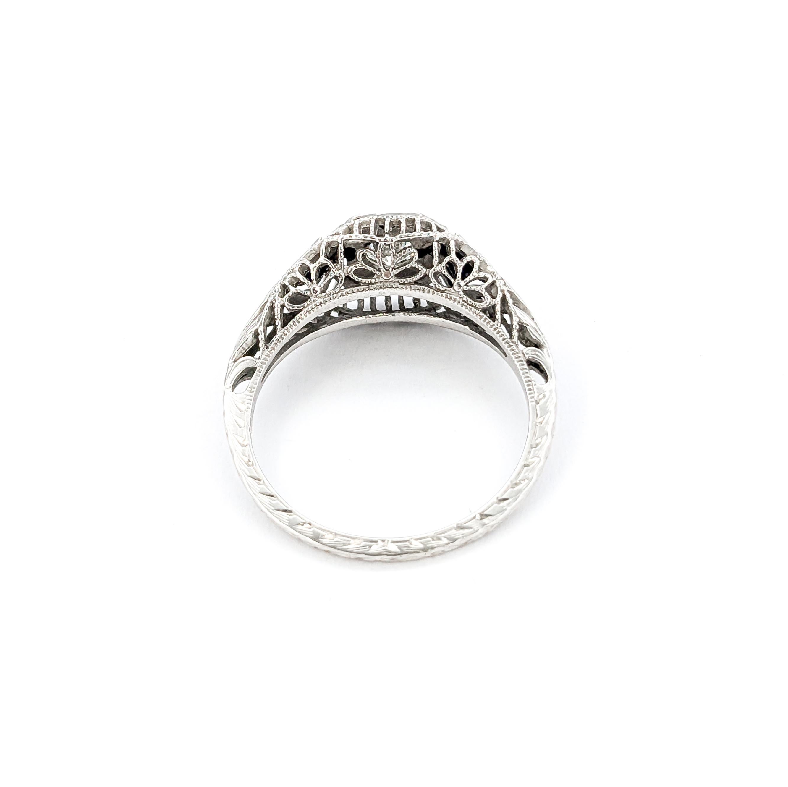 Art Deco European Cut Diamond & Sapphire Ring in White Gold 4