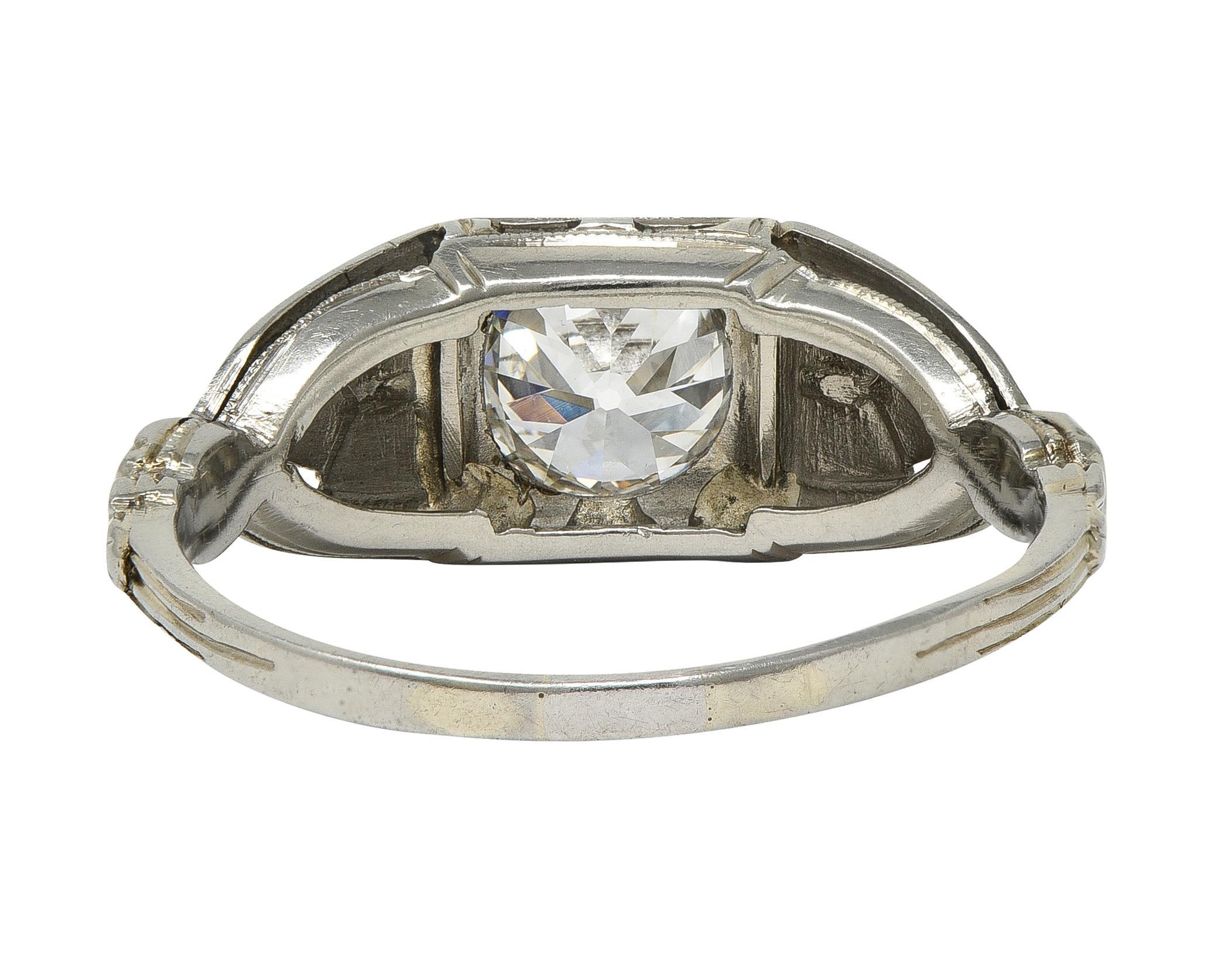 Art Deco European Diamond 14 Karat Gold Vintage Geometric Engagement Ring GIA In Excellent Condition For Sale In Philadelphia, PA