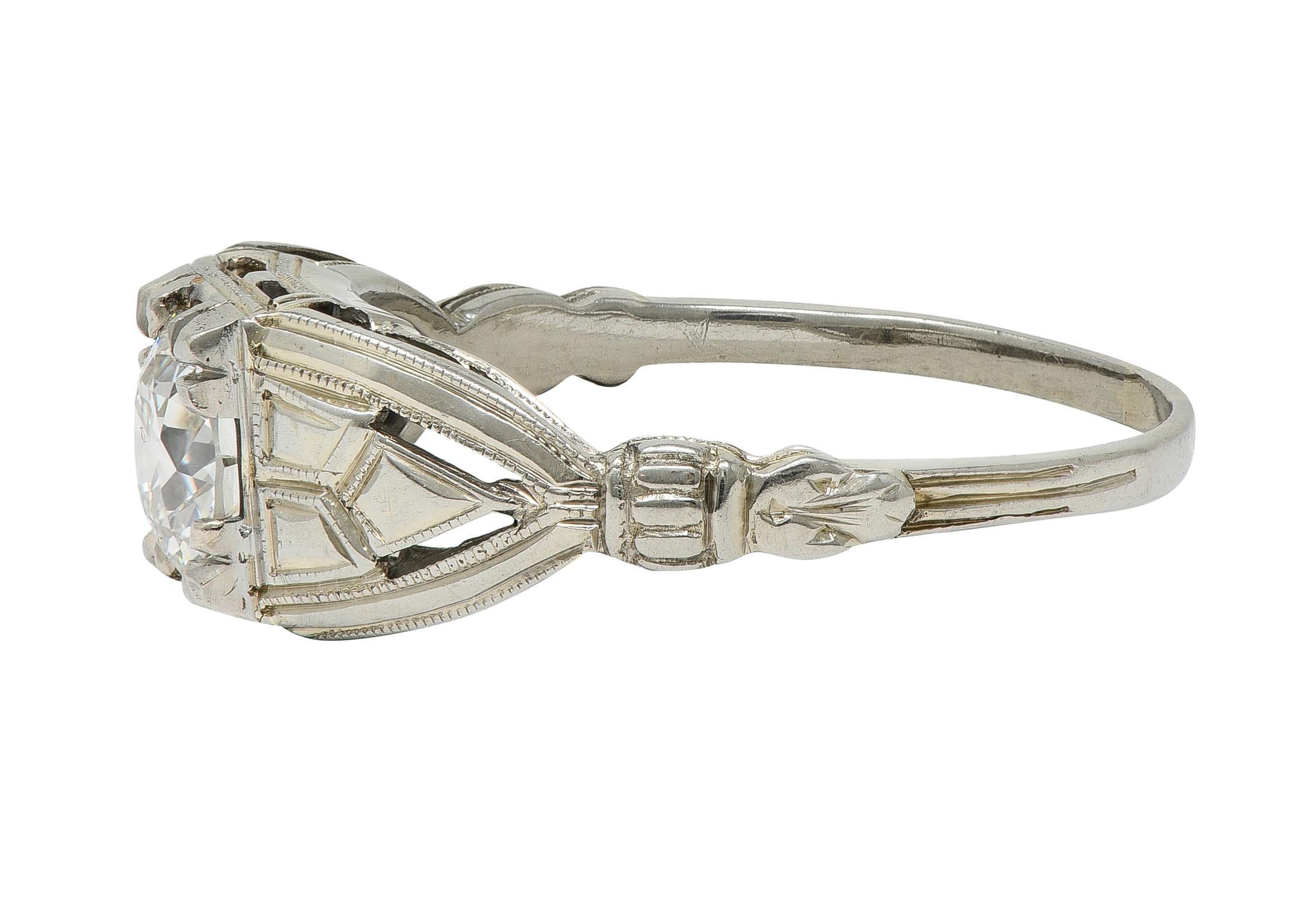 Women's or Men's Art Deco European Diamond 14 Karat Gold Vintage Geometric Engagement Ring GIA For Sale