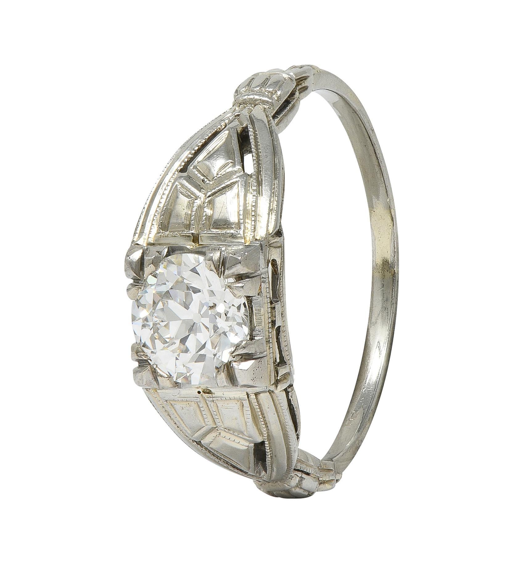 Art Deco European Diamond 14 Karat Gold Vintage Geometric Engagement Ring GIA For Sale 2