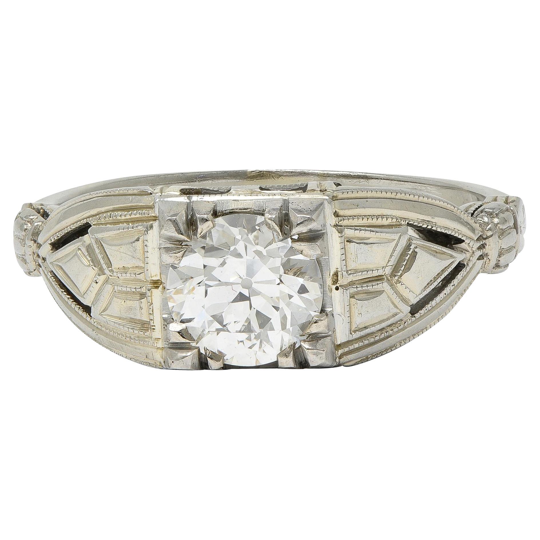 Art Deco European Diamond 14 Karat Gold Vintage Geometric Engagement Ring GIA For Sale