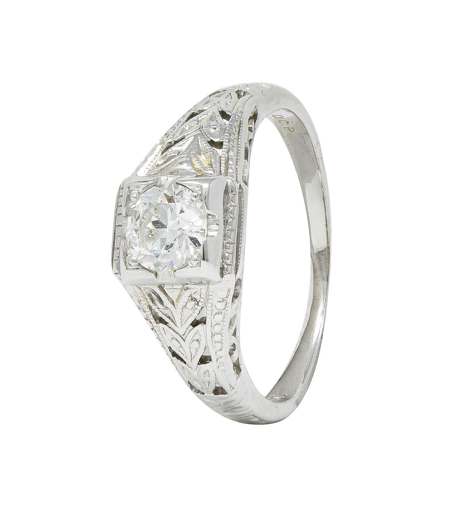 Art Deco European Diamond 18 Karat White Gold Antique Solitaire Engagement Ring For Sale 7