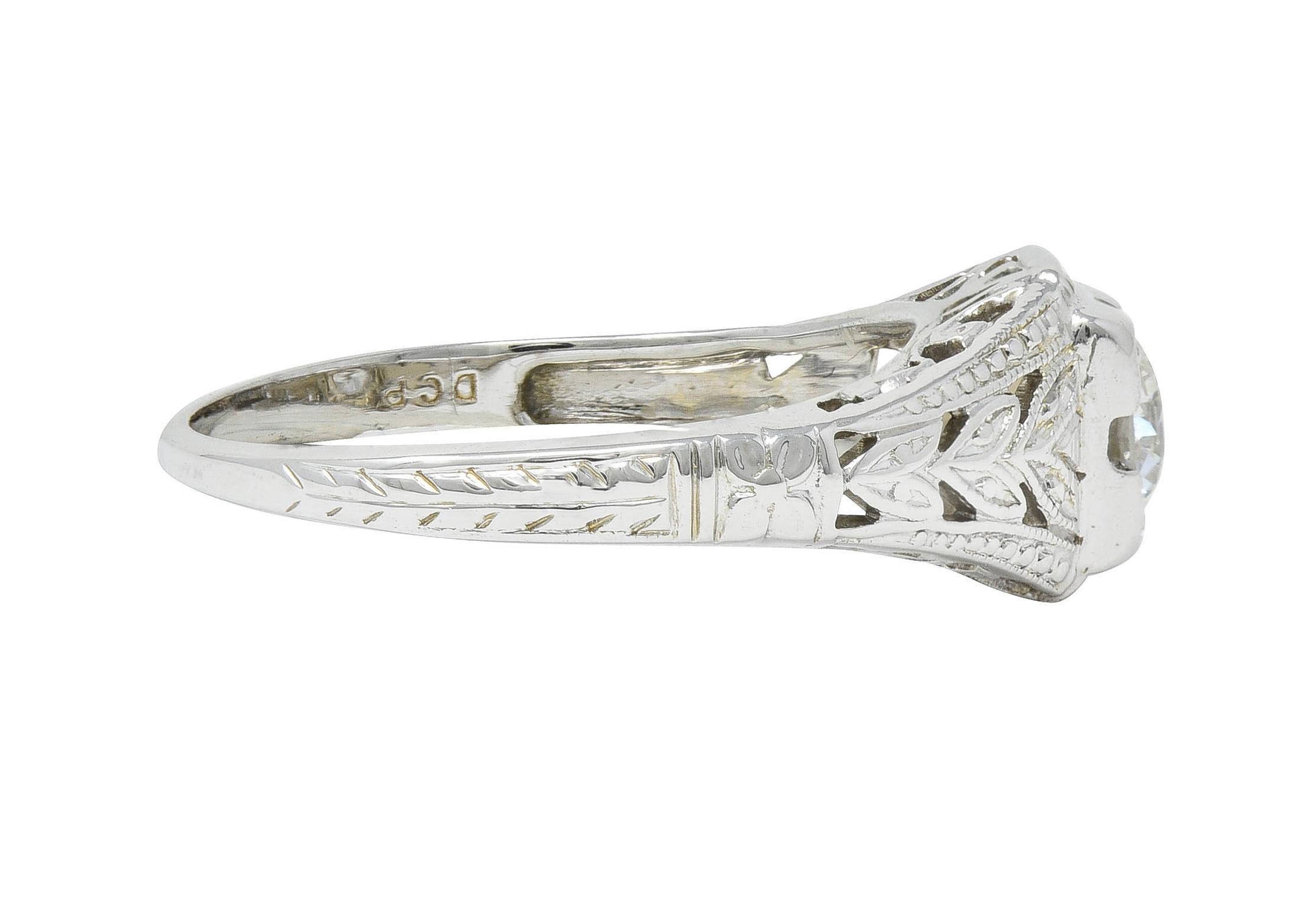 Women's or Men's Art Deco European Diamond 18 Karat White Gold Antique Solitaire Engagement Ring For Sale