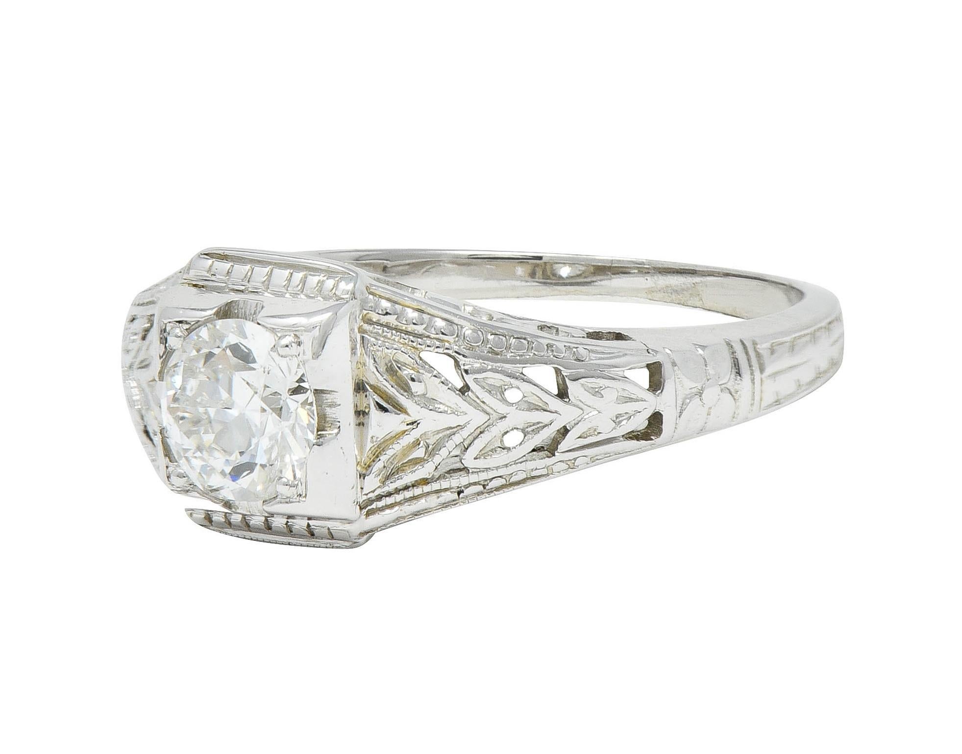 Art Deco European Diamond 18 Karat White Gold Antique Solitaire Engagement Ring For Sale 2