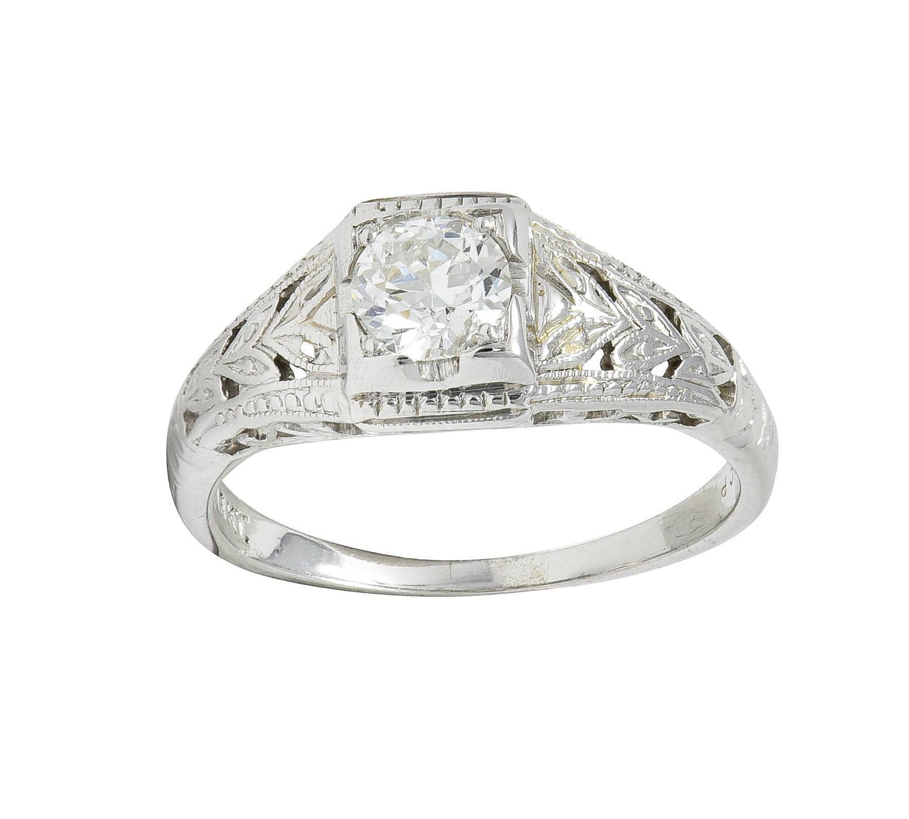 Art Deco European Diamond 18 Karat White Gold Antique Solitaire Engagement Ring For Sale 4