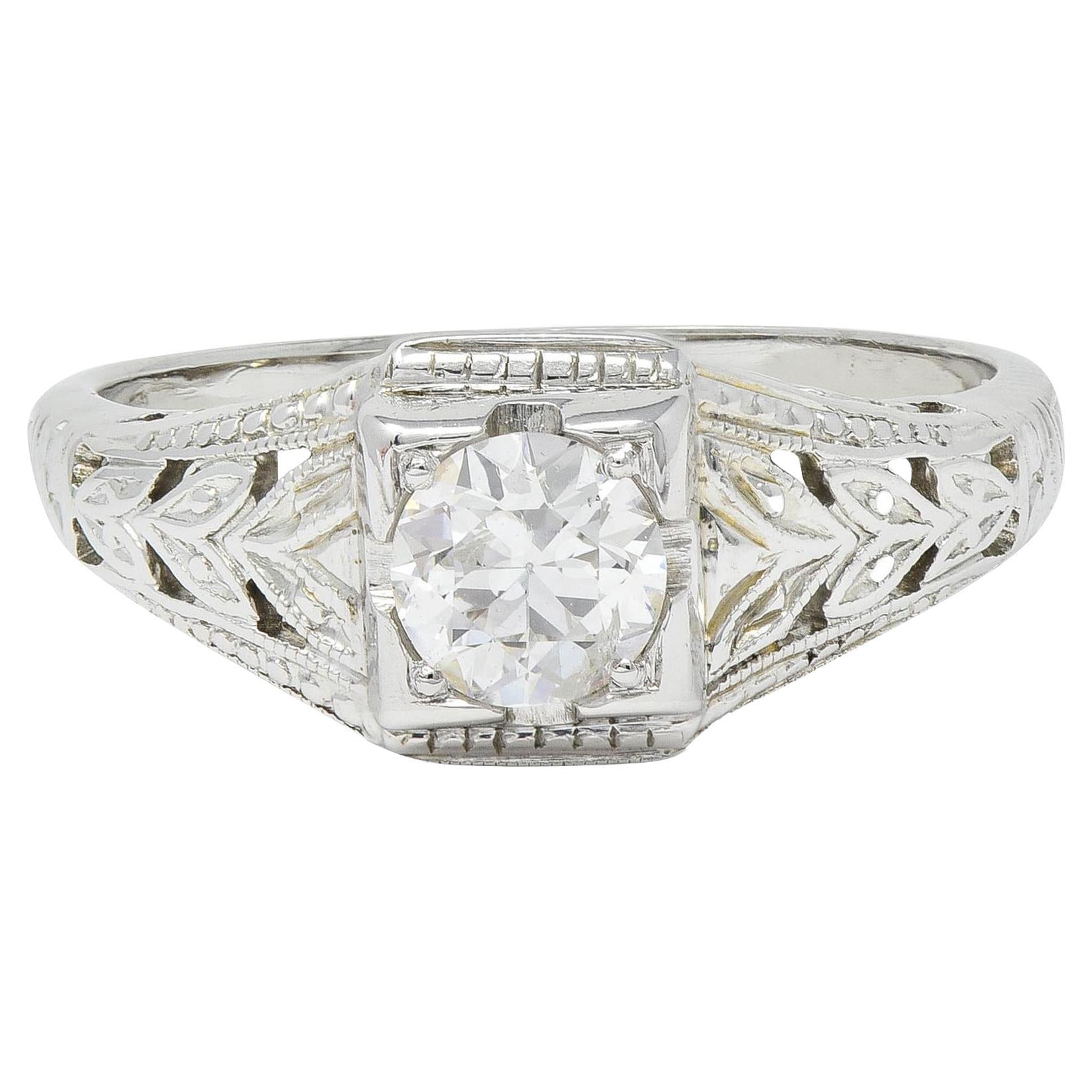 Art Deco European Diamond 18 Karat White Gold Antique Solitaire Engagement Ring For Sale