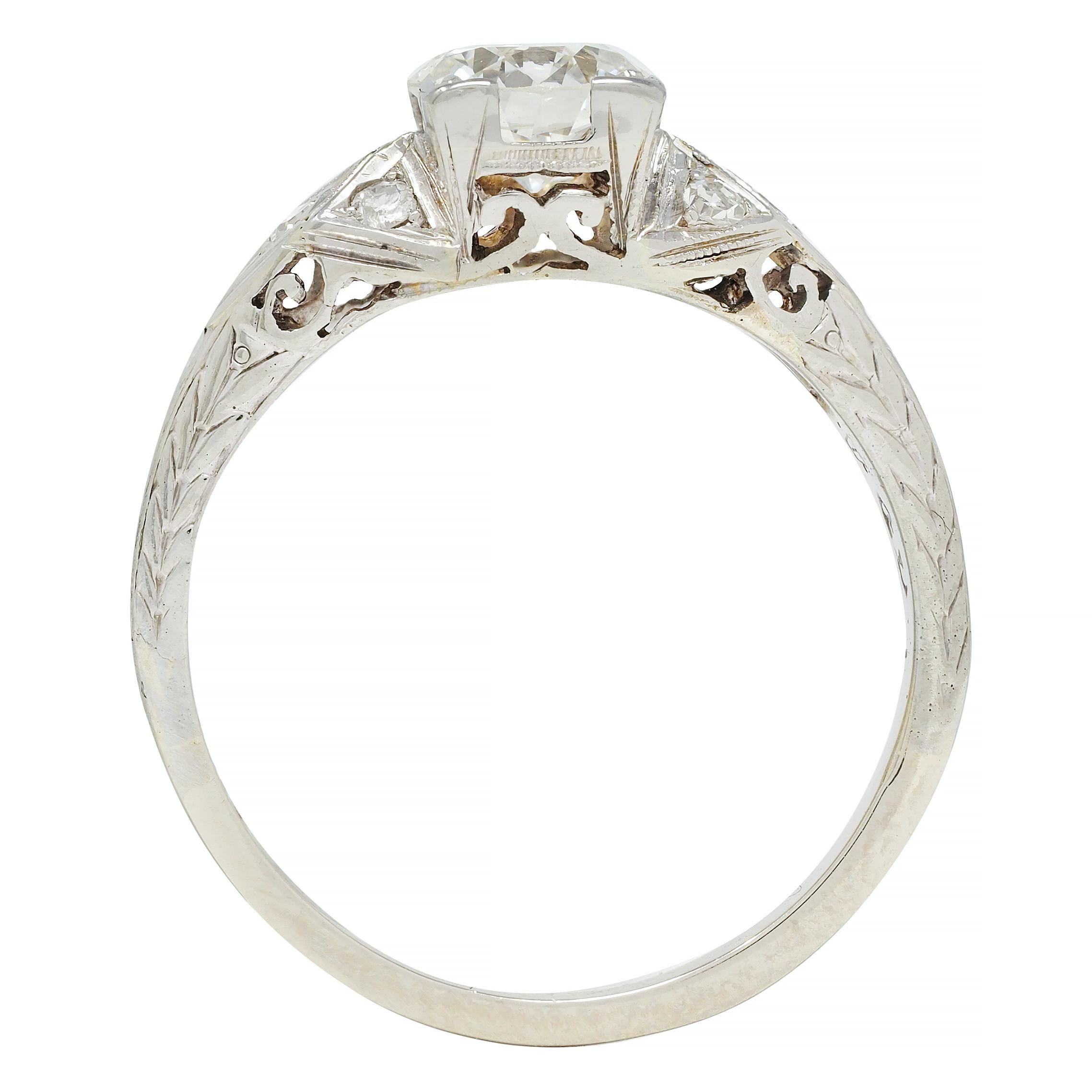 Art Deco European Diamond 18 Karat White Gold Square Form Scroll Engagement Ring For Sale 5