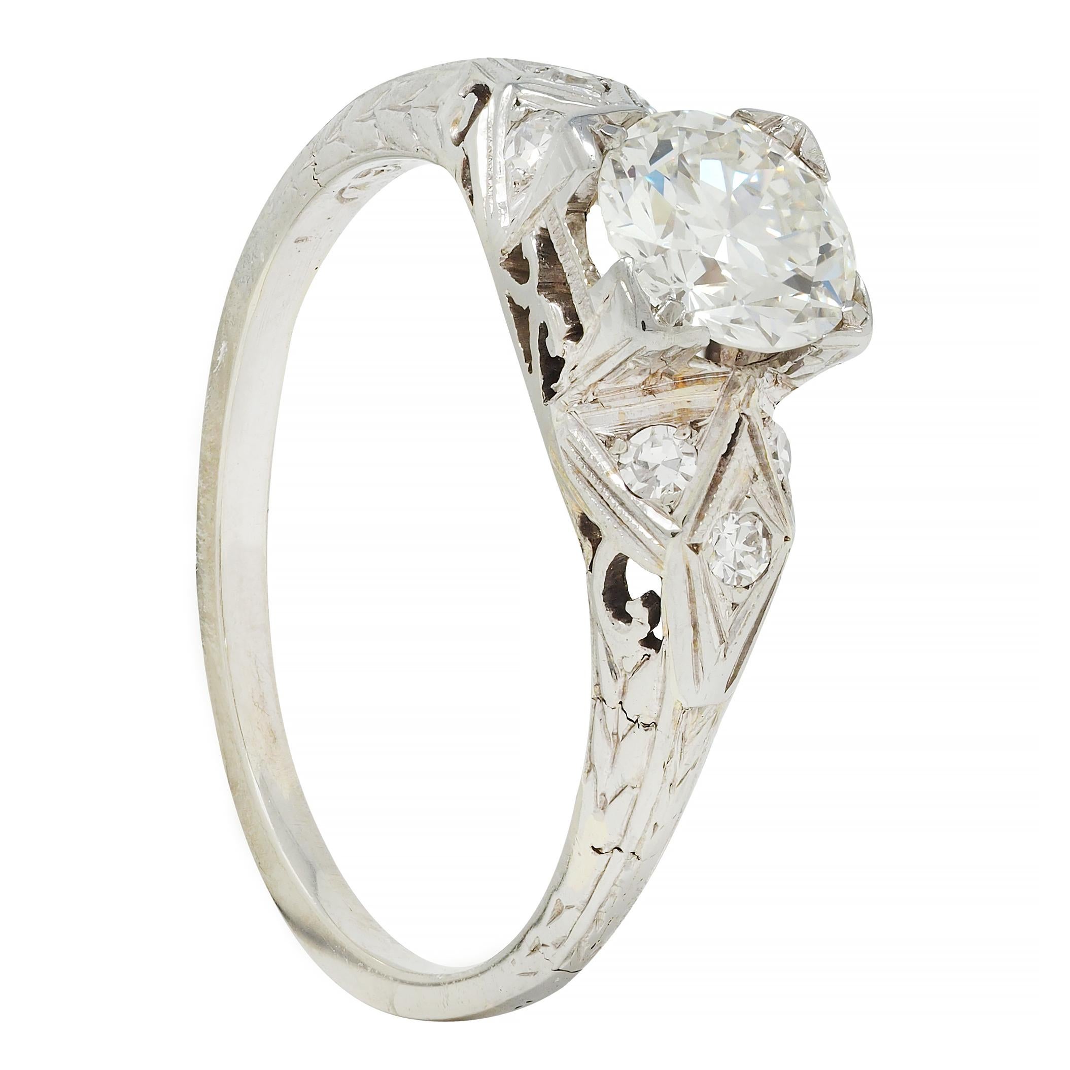 Art Deco European Diamond 18 Karat White Gold Square Form Scroll Engagement Ring For Sale 6