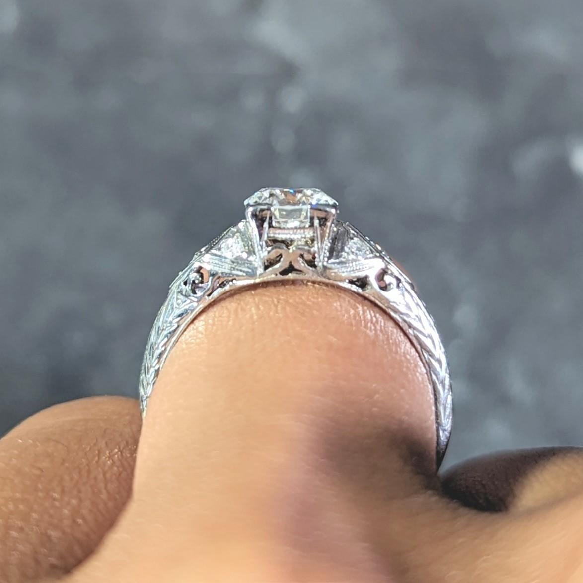 Art Deco European Diamond 18 Karat White Gold Square Form Scroll Engagement Ring For Sale 9
