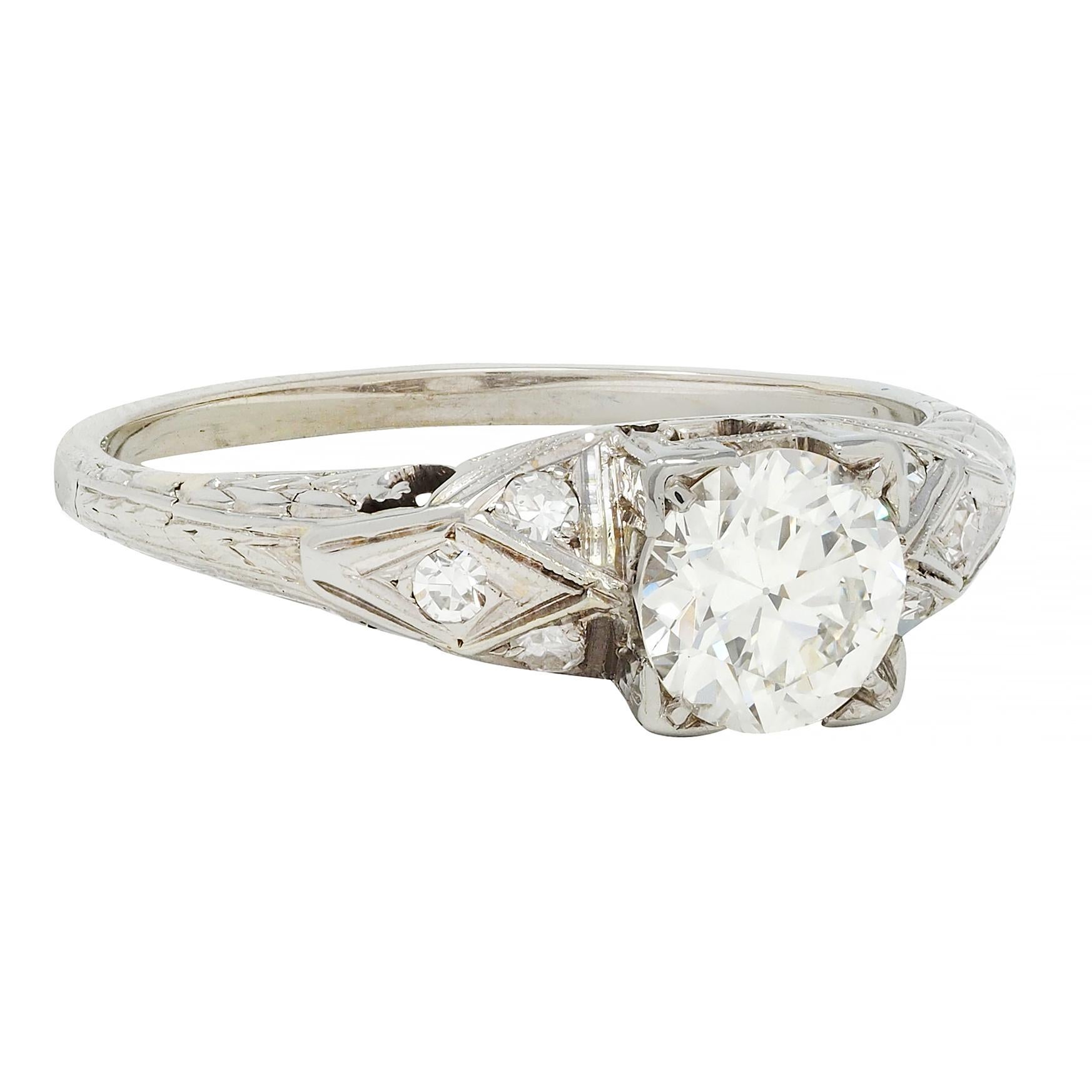 Old European Cut Art Deco European Diamond 18 Karat White Gold Square Form Scroll Engagement Ring For Sale