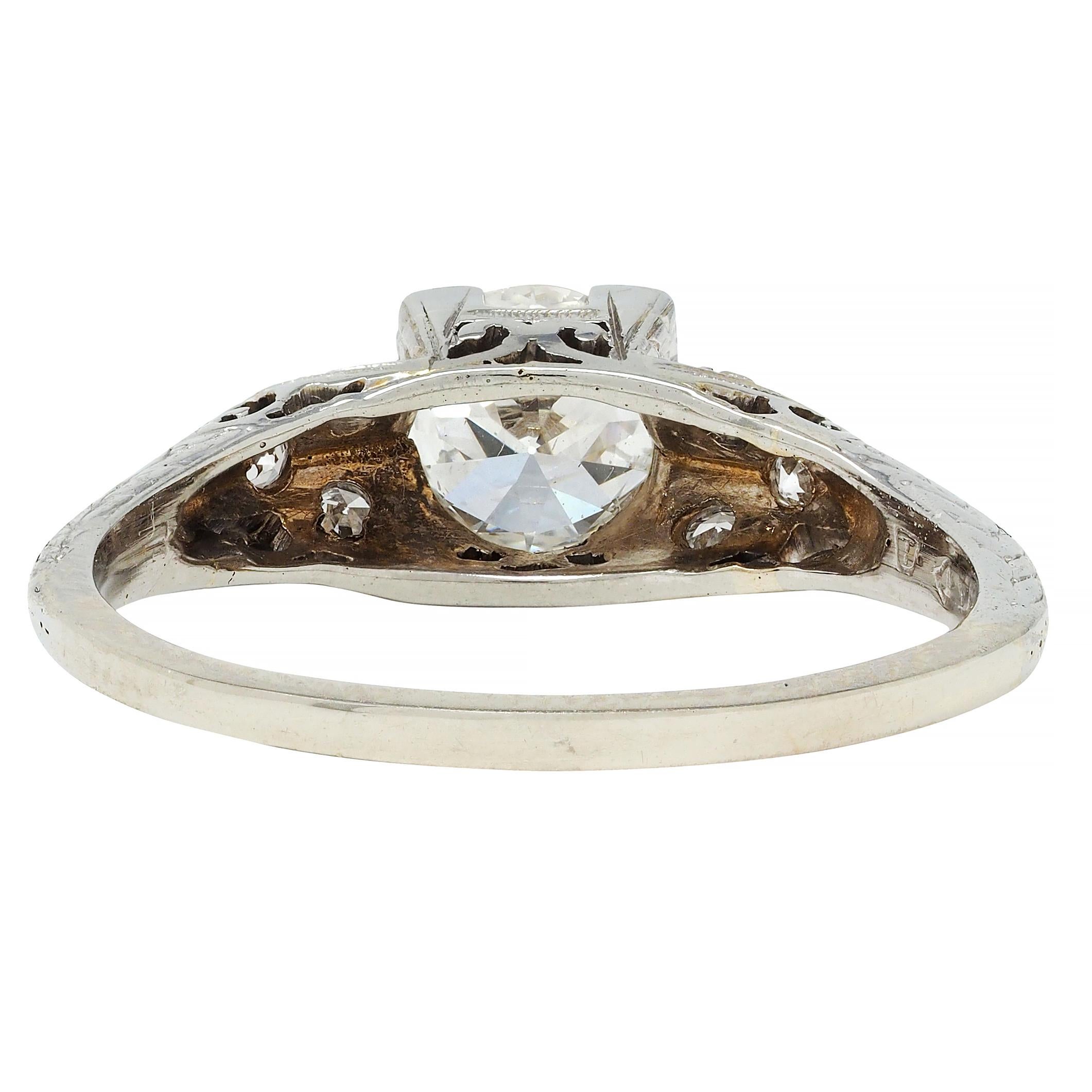 Women's or Men's Art Deco European Diamond 18 Karat White Gold Square Form Scroll Engagement Ring For Sale