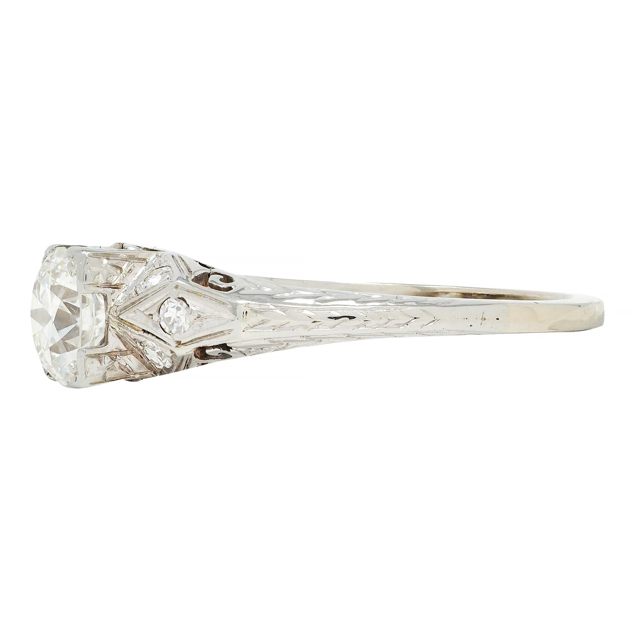 Art Deco European Diamond 18 Karat White Gold Square Form Scroll Engagement Ring For Sale 1
