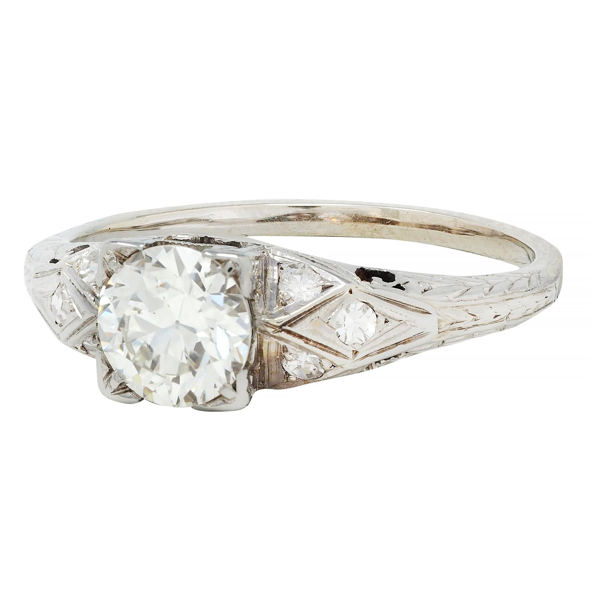 Art Deco European Diamond 18 Karat White Gold Square Form Scroll Engagement Ring For Sale 2