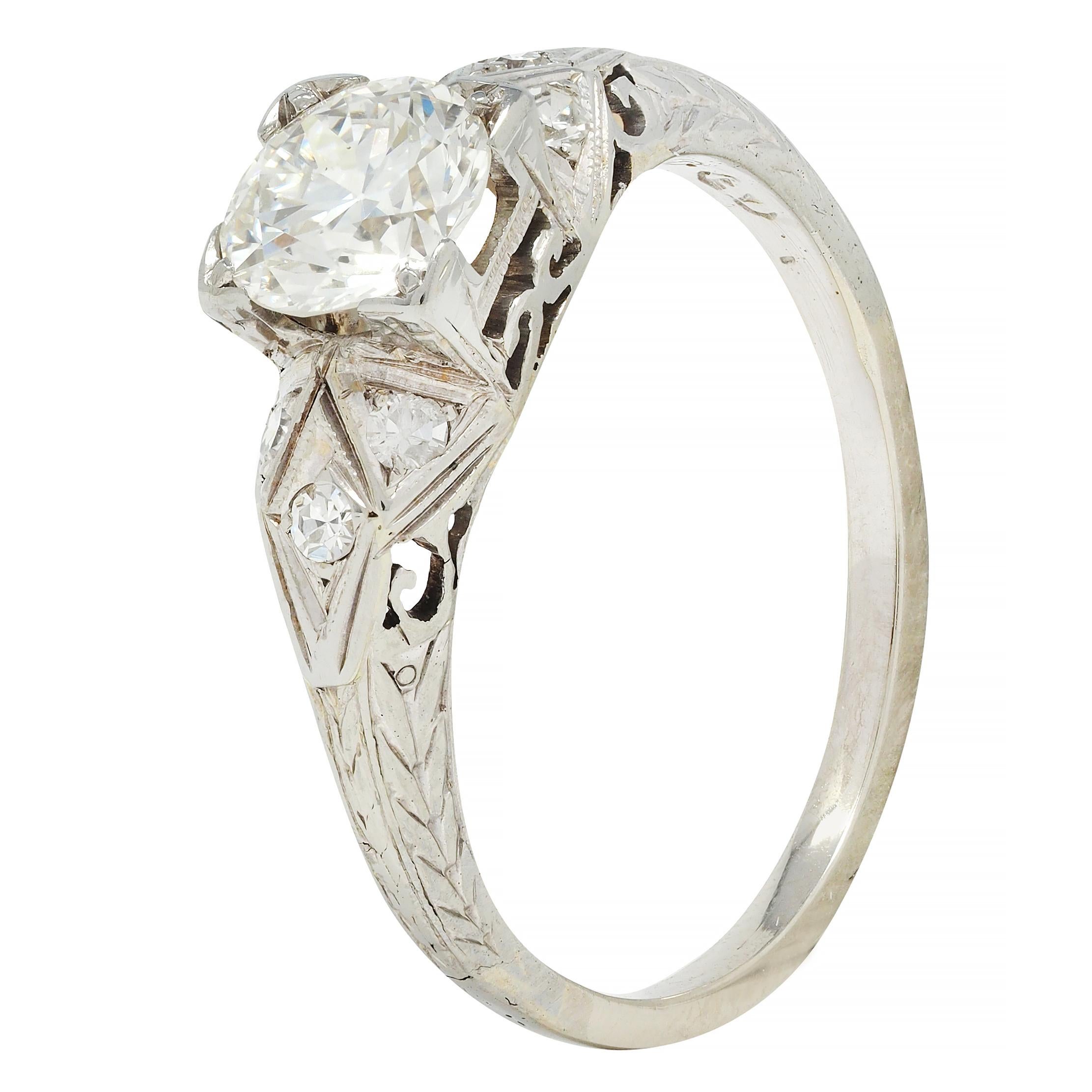 Art Deco European Diamond 18 Karat White Gold Square Form Scroll Engagement Ring For Sale 4