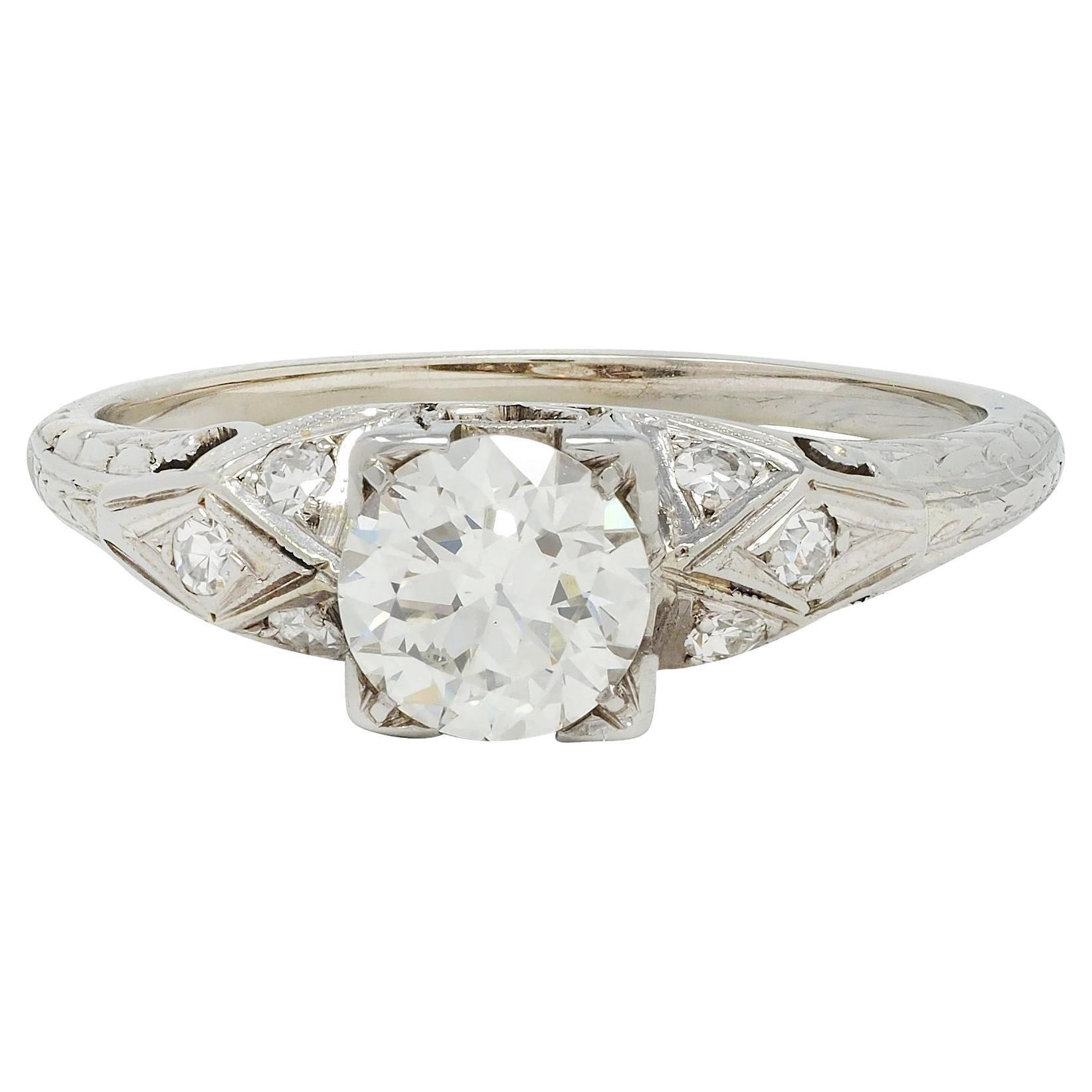 Art Deco European Diamond 18 Karat White Gold Square Form Scroll Engagement Ring For Sale