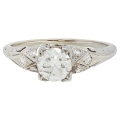 Vintage Art Deco European Diamond 18 Karat White Gold Square Form Scroll Engagement Ring