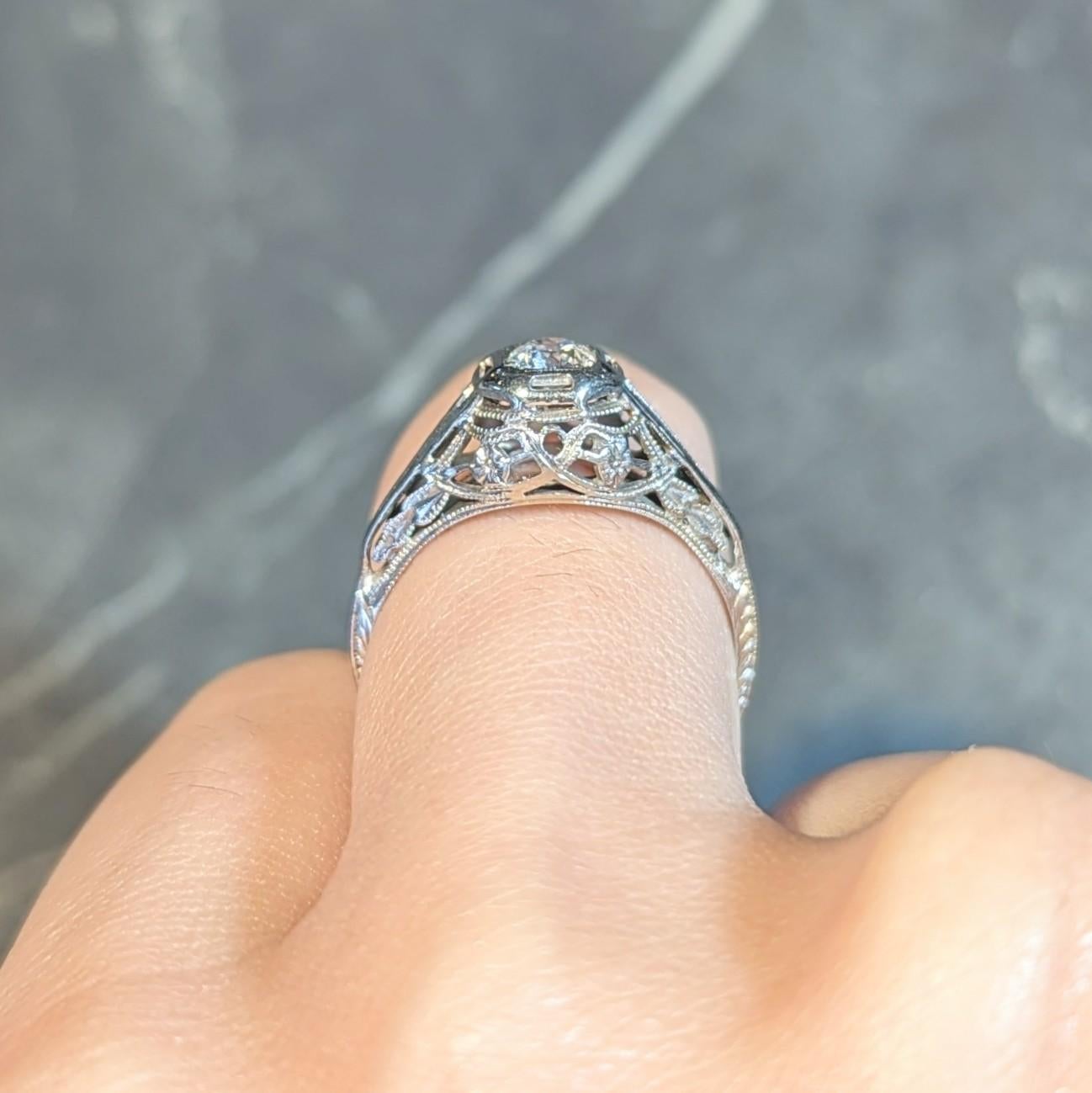 Art Deco Europäischer Diamant 18K Weißgold Orange Blossom Vintage Verlobungsring im Angebot 9