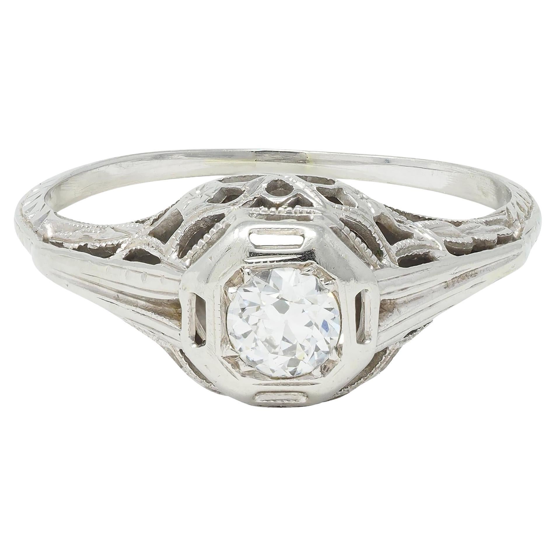 Art Deco European Diamond 18K White Gold Orange Blossom Vintage Engagement Ring