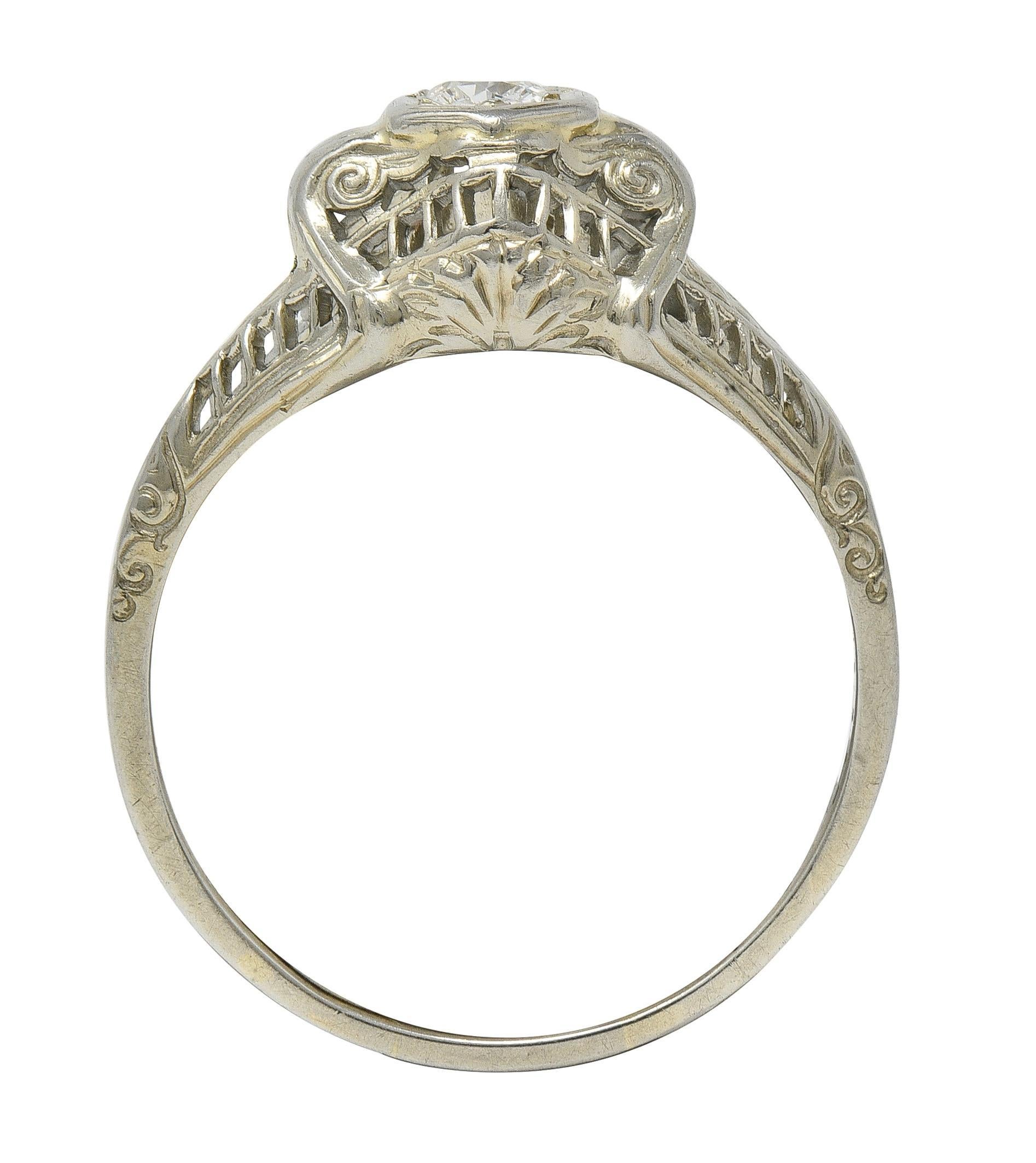 Old European Cut Art Deco European Diamond 18K White Gold Vintage Scrolling Bombé Engagement Ring For Sale