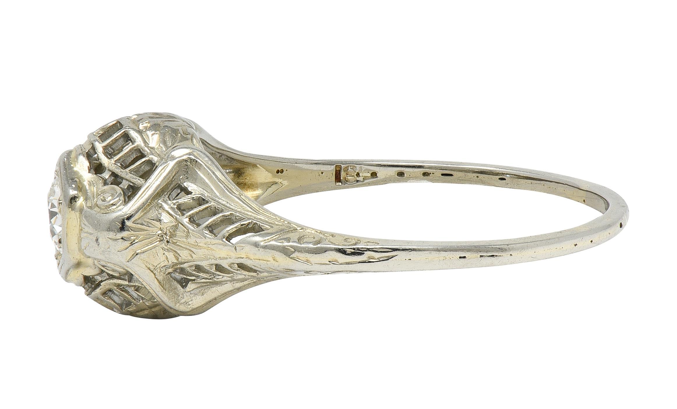 Women's Art Deco European Diamond 18K White Gold Vintage Scrolling Bombé Engagement Ring For Sale