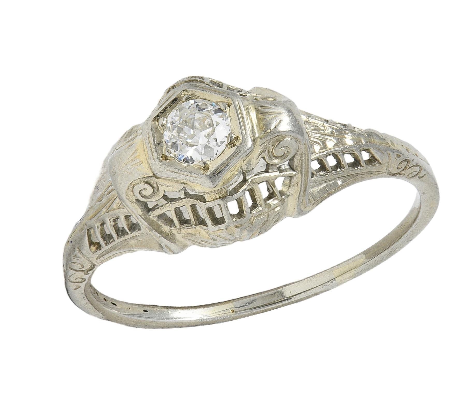 Art Deco European Diamond 18K White Gold Vintage Scrolling Bombé Engagement Ring For Sale 2