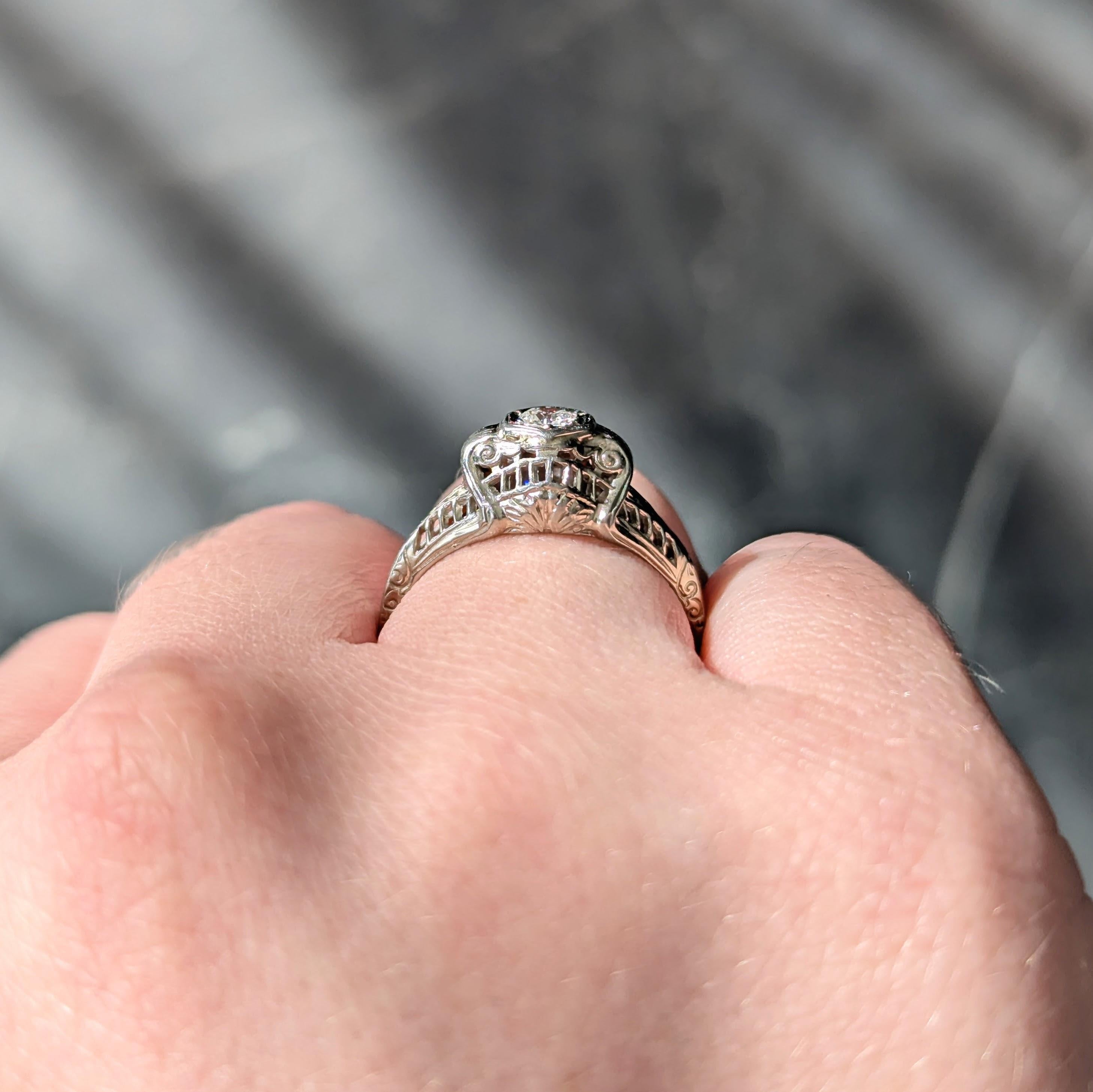 Art Deco European Diamond 18K White Gold Vintage Scrolling Bombé Engagement Ring For Sale 3