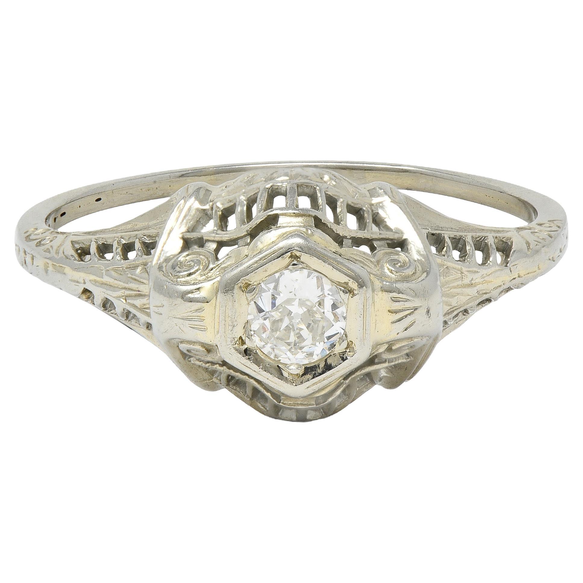 Art Deco European Diamond 18K White Gold Vintage Scrolling Bombé Engagement Ring For Sale
