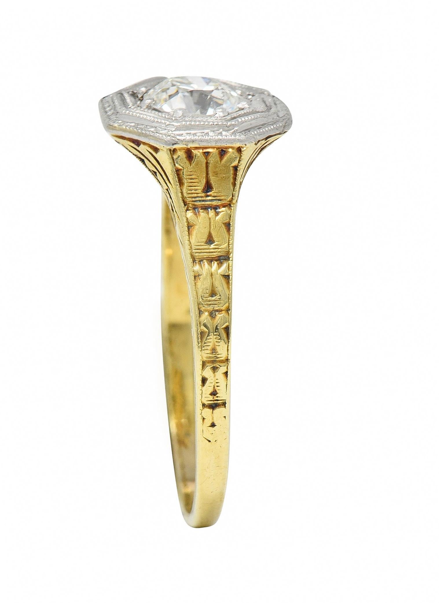 Bague de fiançailles Art déco ancienne en platine et or 14 carats avec diamants européens 5