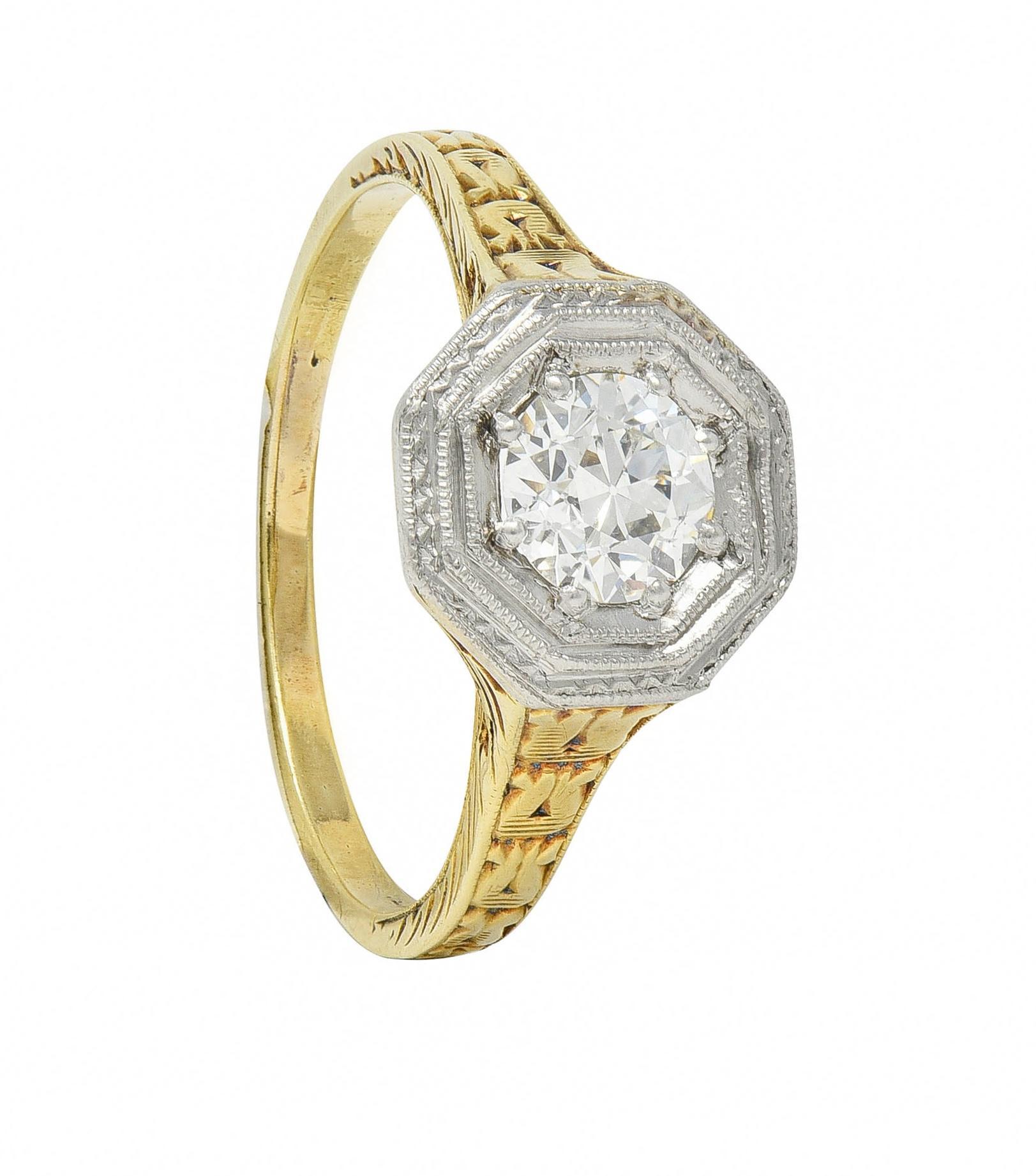 Art Deco European Diamond Platinum 14 Karat Gold Antique Engagement Ring For Sale 6