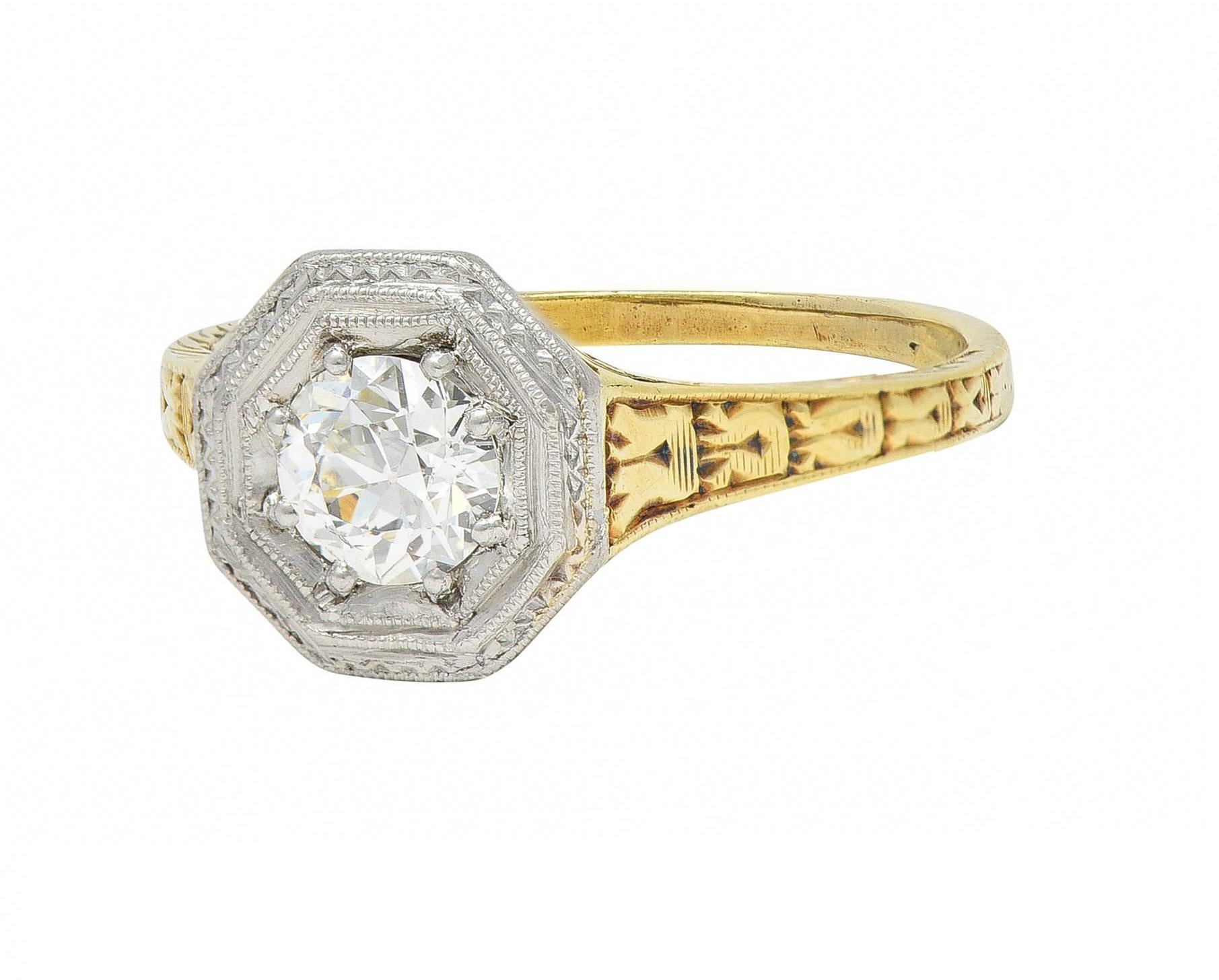 Art Deco European Diamond Platinum 14 Karat Gold Antique Engagement Ring For Sale 1