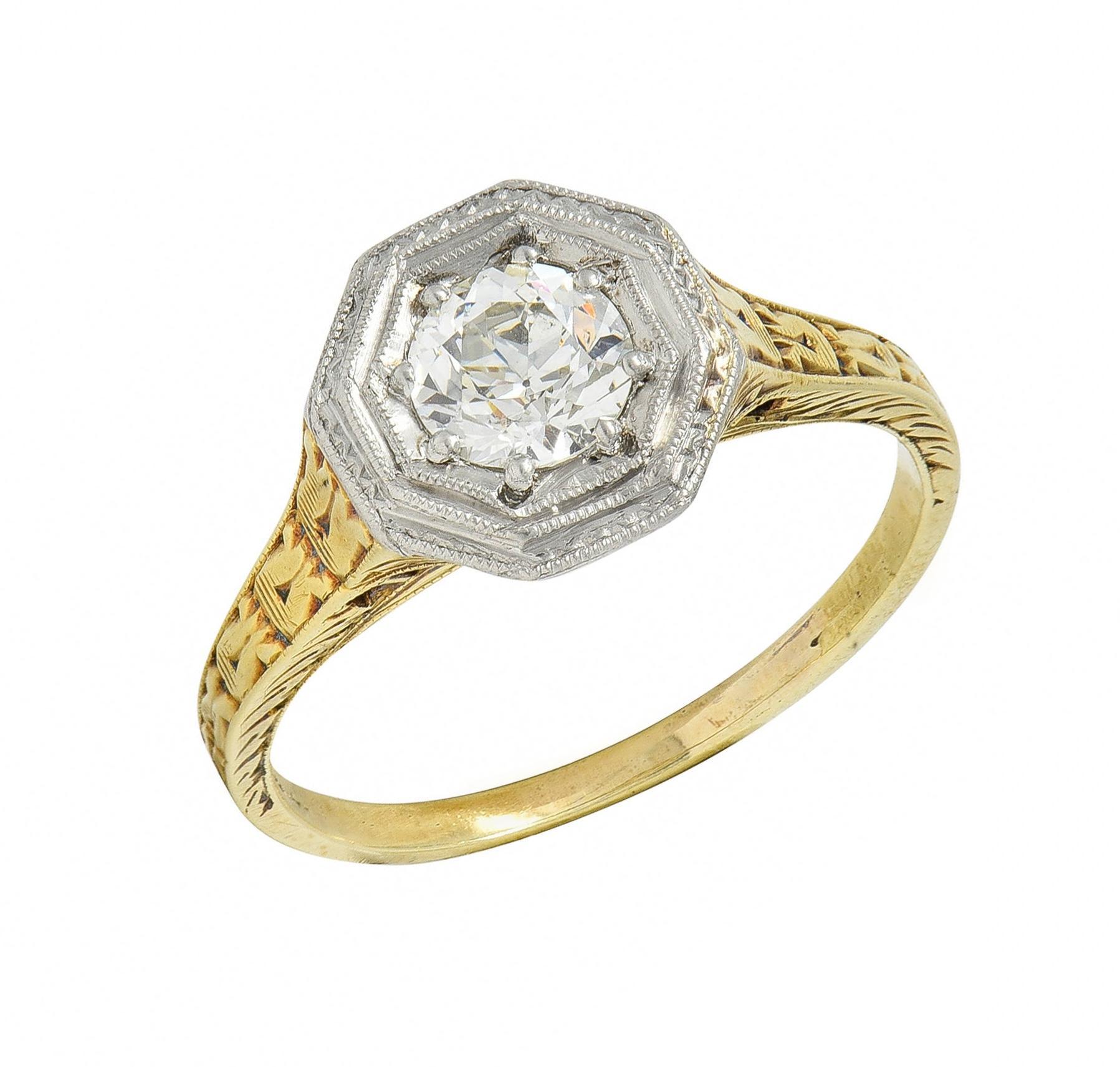 Art Deco European Diamond Platinum 14 Karat Gold Antique Engagement Ring For Sale 3