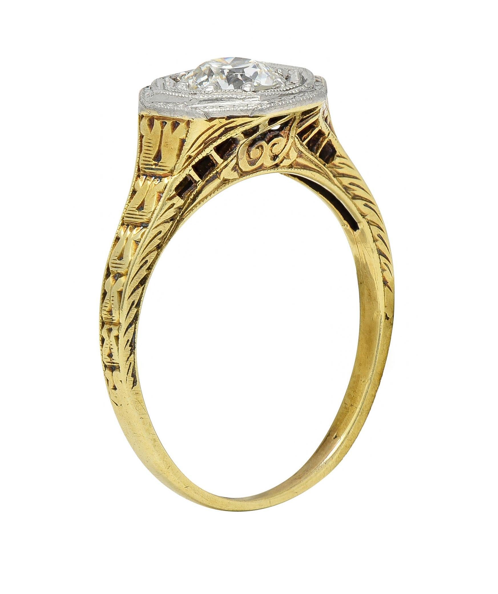 Art Deco European Diamond Platinum 14 Karat Gold Antique Engagement Ring For Sale 4