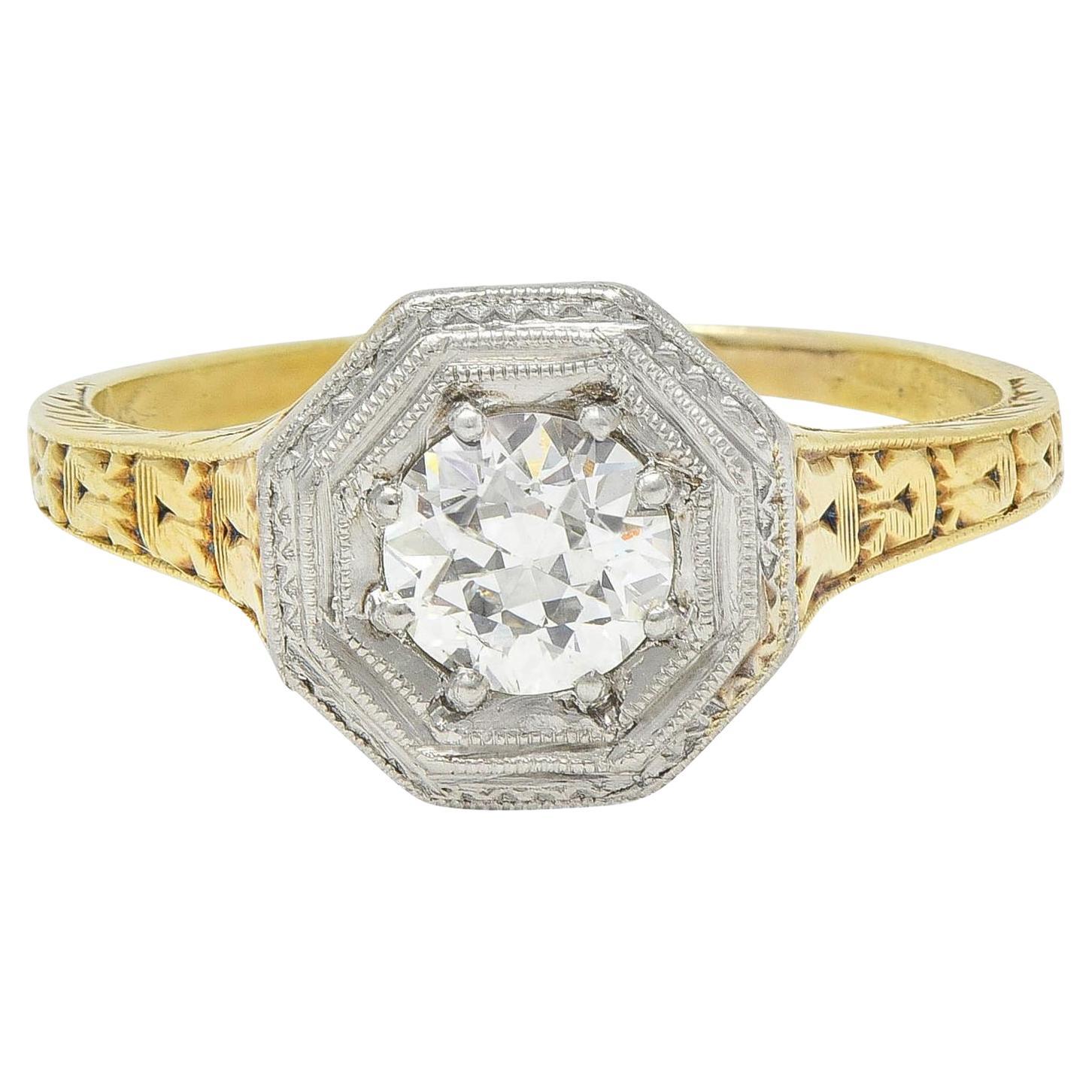 Art Deco European Diamond Platinum 14 Karat Gold Antique Engagement Ring For Sale
