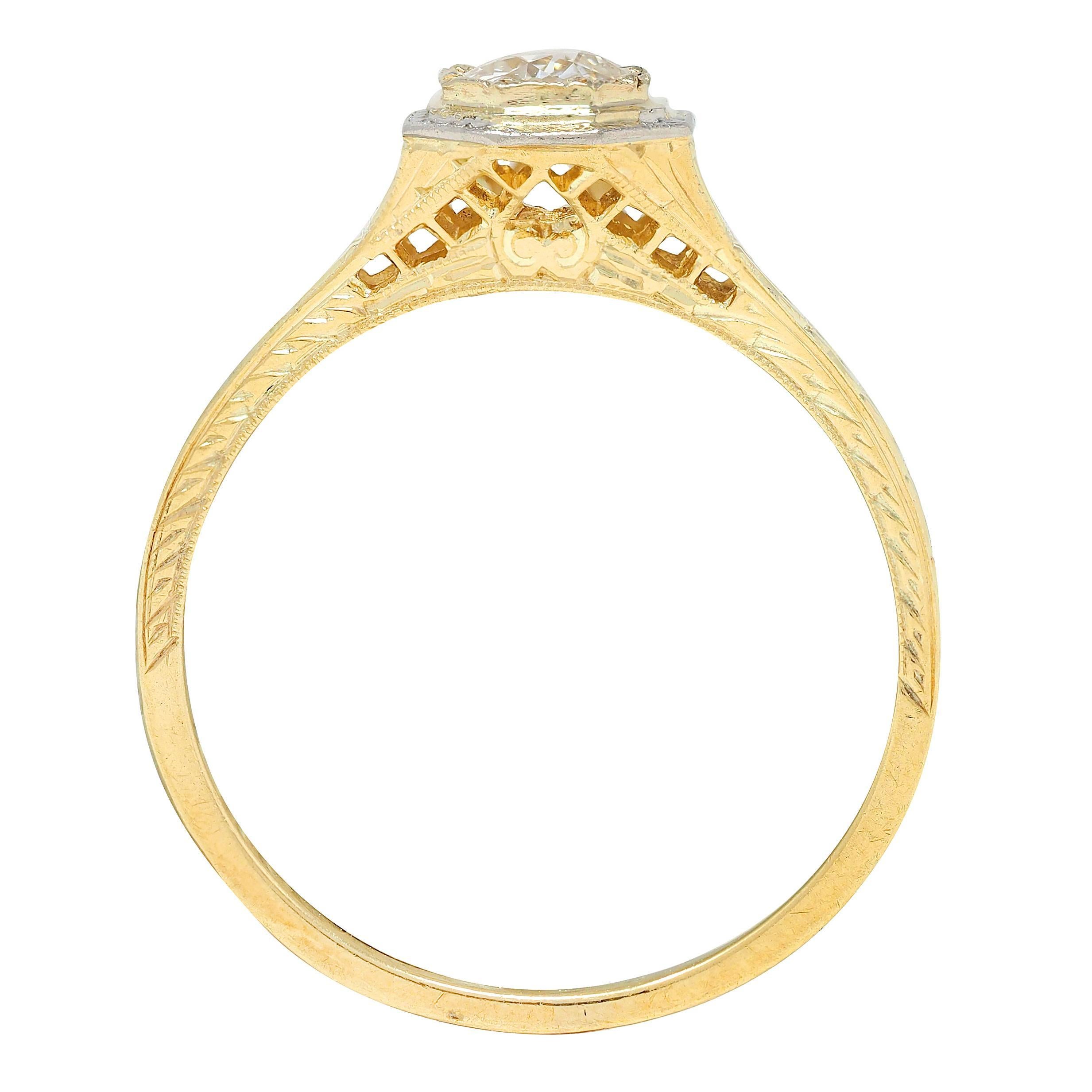 Anillo de Compromiso Art Decó Europeo Platino 18 Kilates Oro Amarillo Vintage en Excelente estado para la venta en Philadelphia, PA