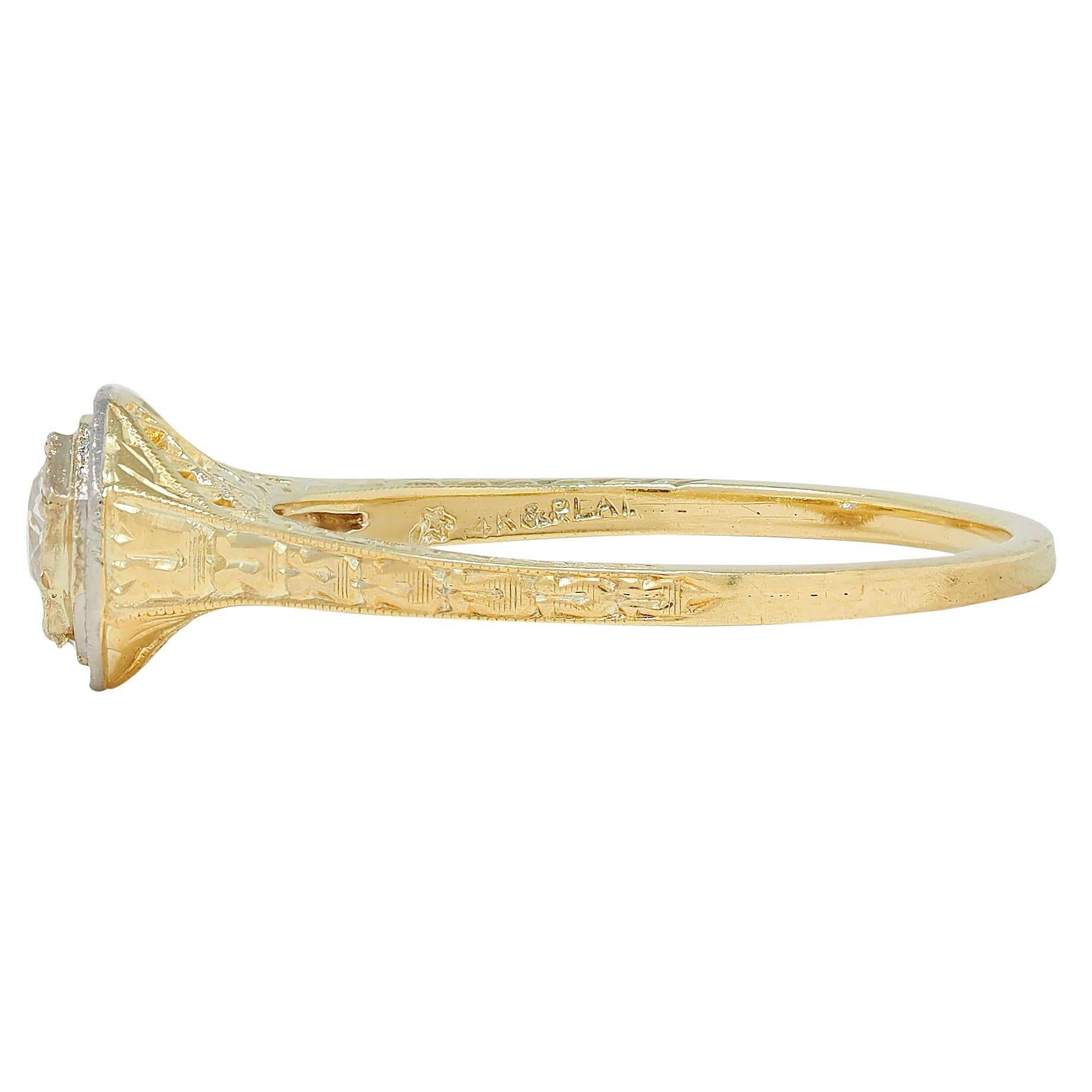 Anillo de Compromiso Art Decó Europeo Platino 18 Kilates Oro Amarillo Vintage en venta 1
