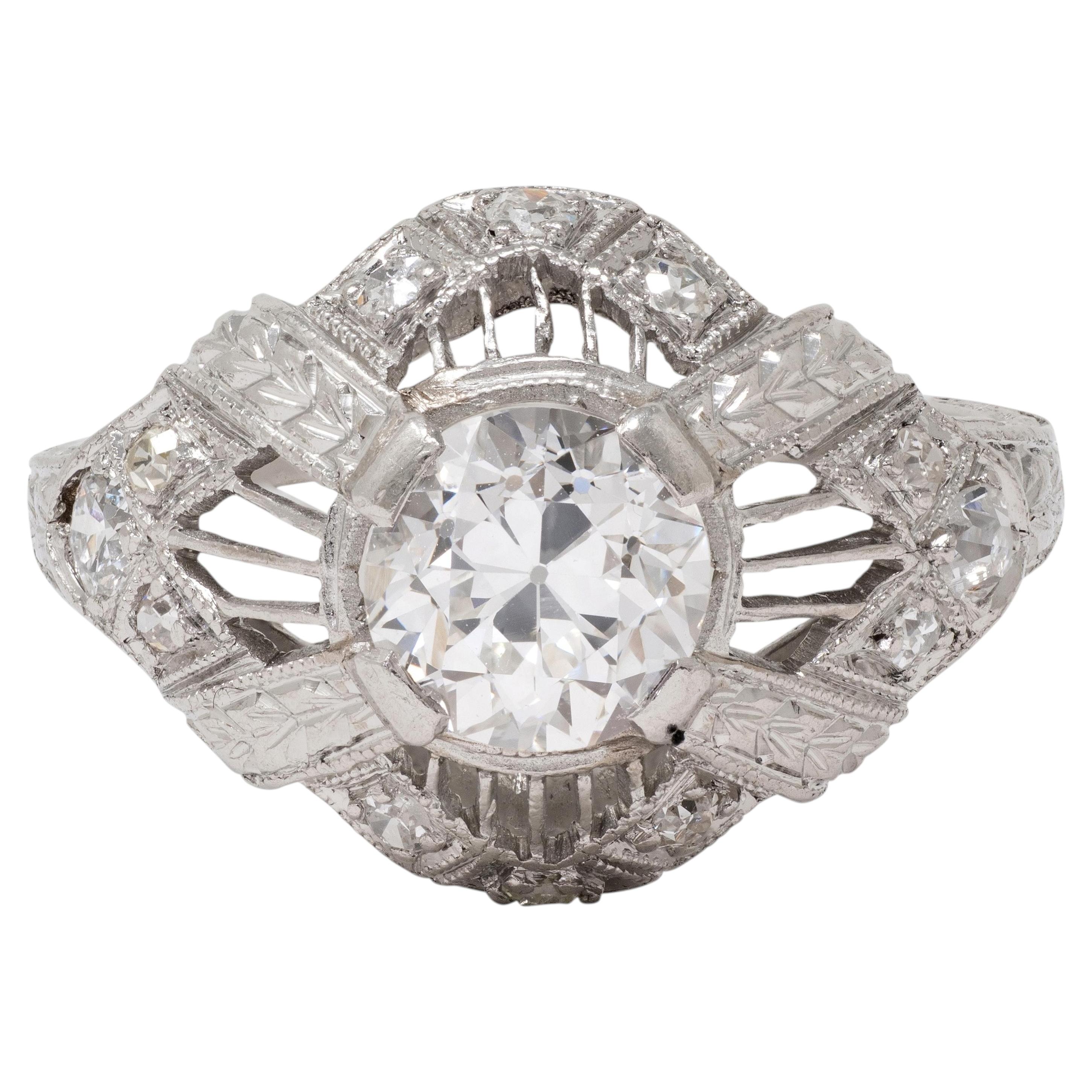Art Deco European Diamond Platinum Vintage Wheat Bombe Engagement Ring For Sale