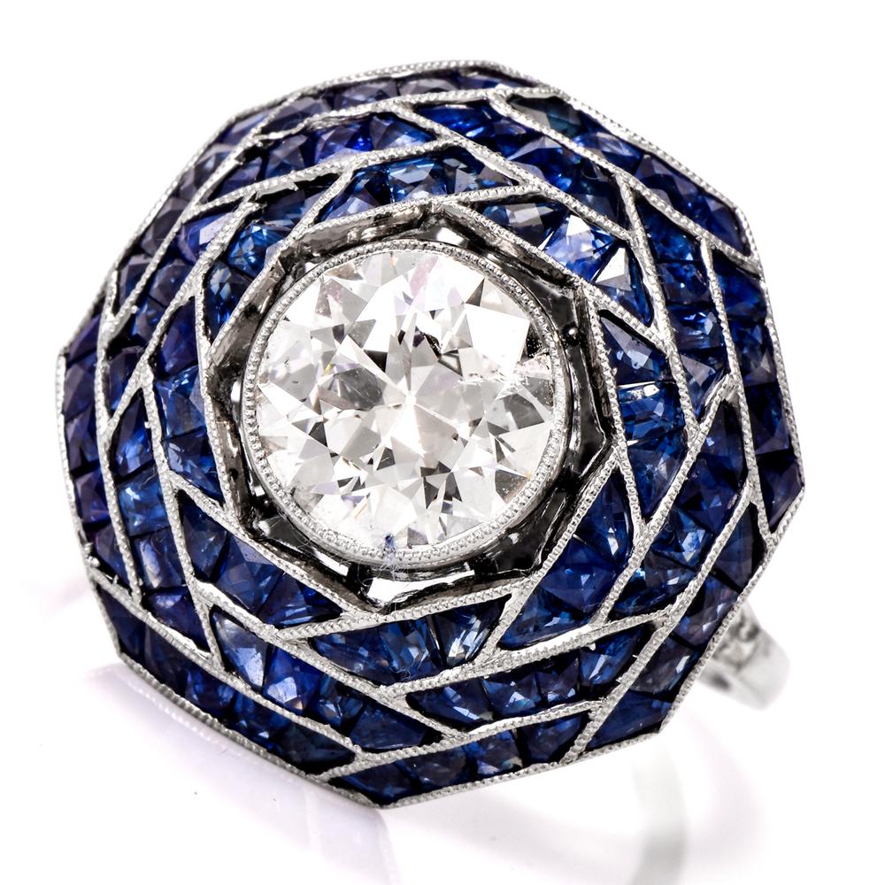 French Cut Art Deco European Diamond Sapphire Cocktail Ring