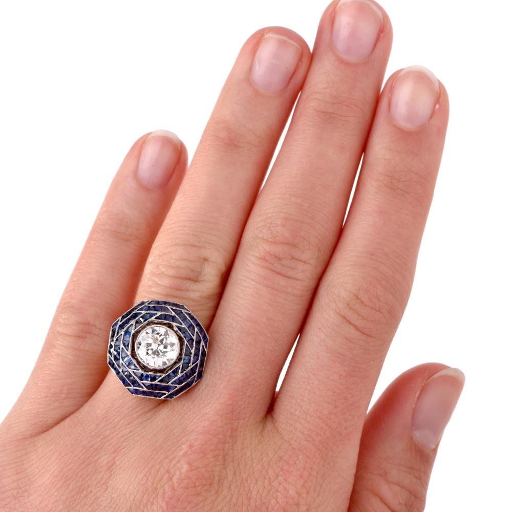 Art Deco European Diamond Sapphire Cocktail Ring In Excellent Condition In Miami, FL