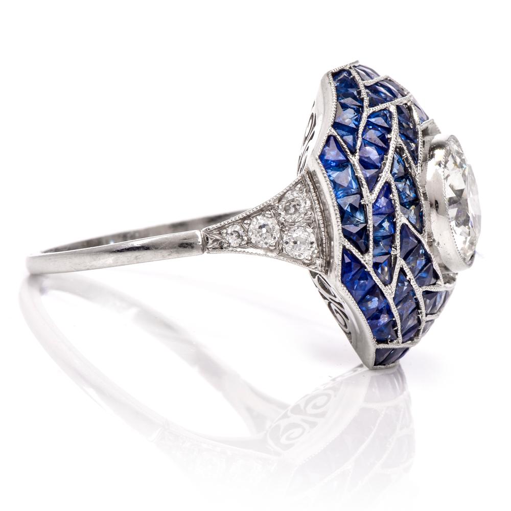 Women's or Men's Art Deco European Diamond Sapphire Cocktail Ring