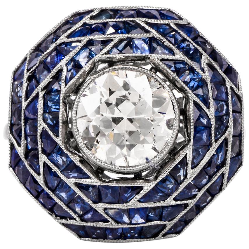 Art Deco European Diamond Sapphire Cocktail Ring