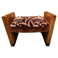 Petit banc en bois européen Art Déco - Tissu d'origine