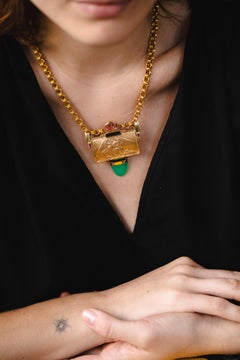 Art Deco Eve Alfille 18K Yellow Gold Tourmaline Pendant Brooch Engraved, 1996