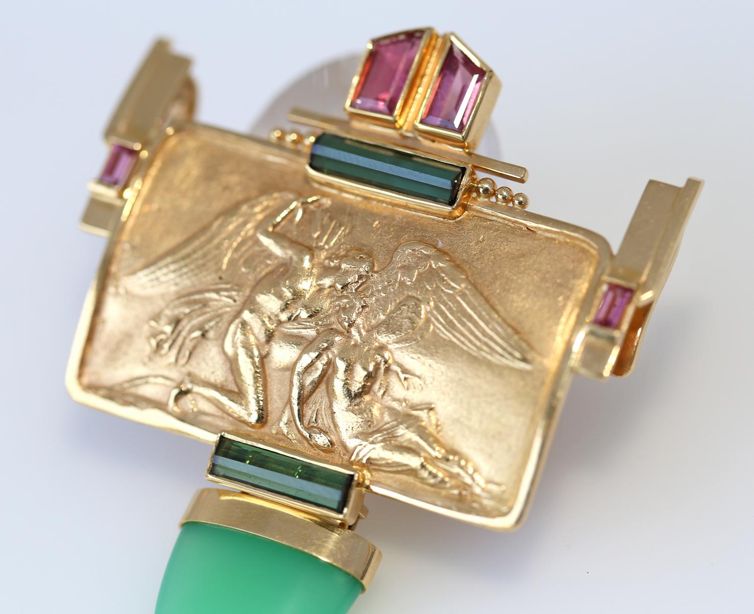 Femenino o masculino Art Déco Eve Alfille Broche colgante de turmalina de oro amarillo de 18 quilates grabado, 1996 en venta