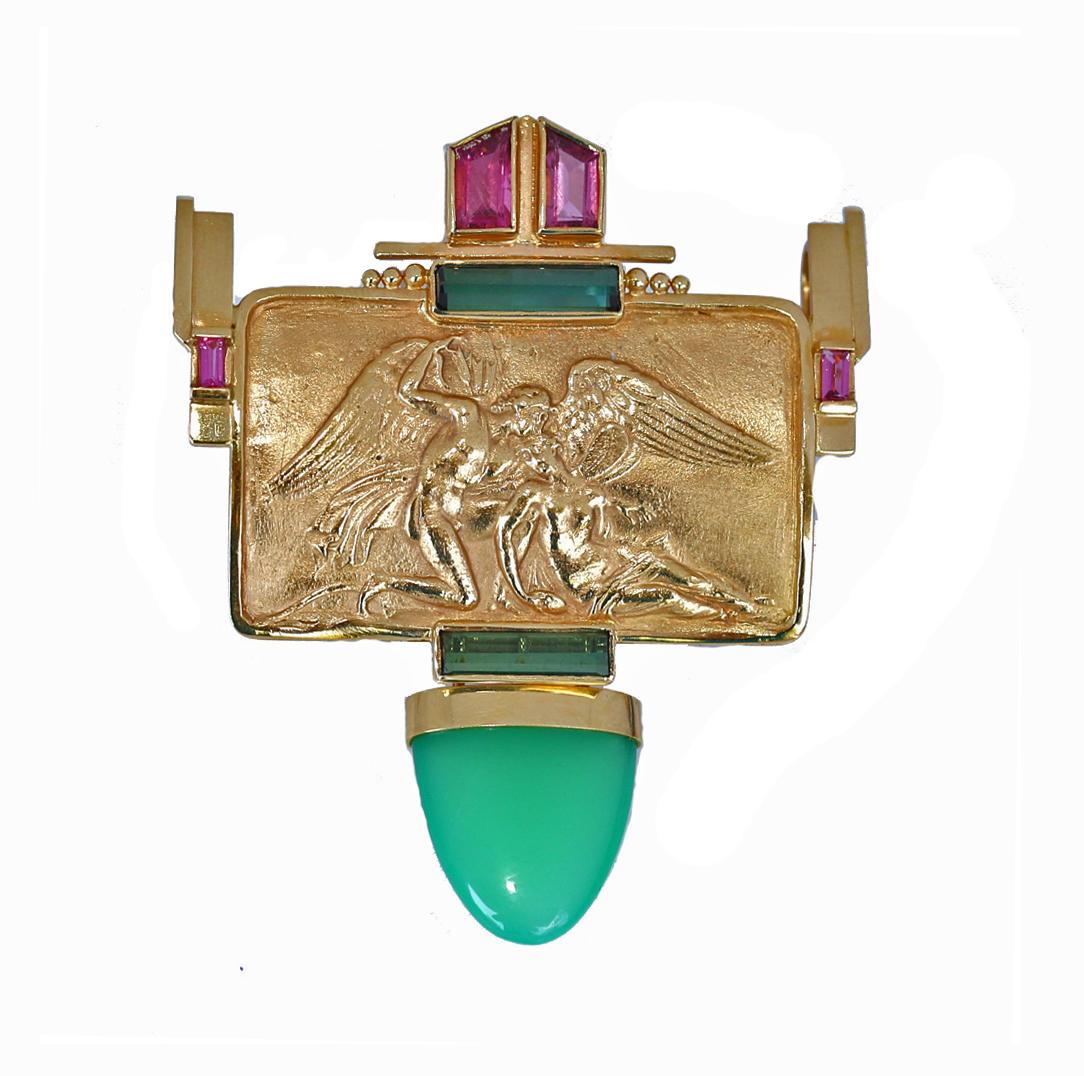 Art Déco Eve Alfille Broche colgante de turmalina de oro amarillo de 18 quilates grabado, 1996 en Bueno estado para la venta en Herzelia, Tel Aviv