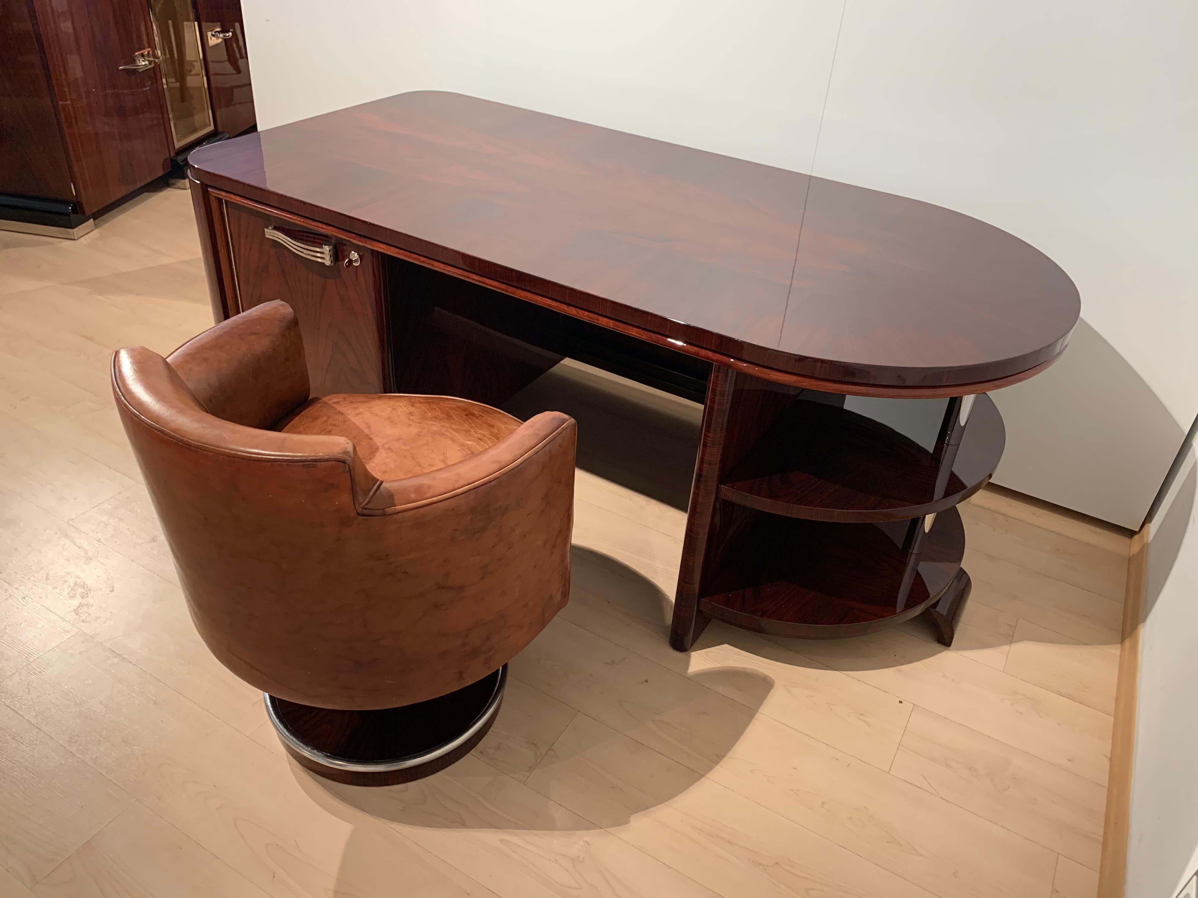 French Art Deco Desk with Leather Chair, Rosewood Veneer, France, 1930s For Sale