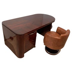 Art Deco Executive Desk and Leather Swivel Chair, Rosewood Veneer, France, 1930s