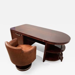 Vintage Art Deco Executive Desk and Leather Swivel Chair, Rosewood Veneer, France, 1930s