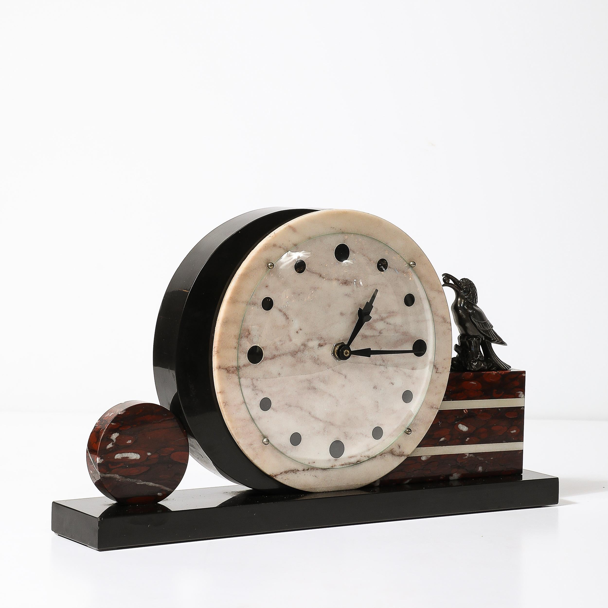 Art Deco Exotic Marble & Onyx Mantelpiece Clock W/ Bronze Sculptural Detail 6