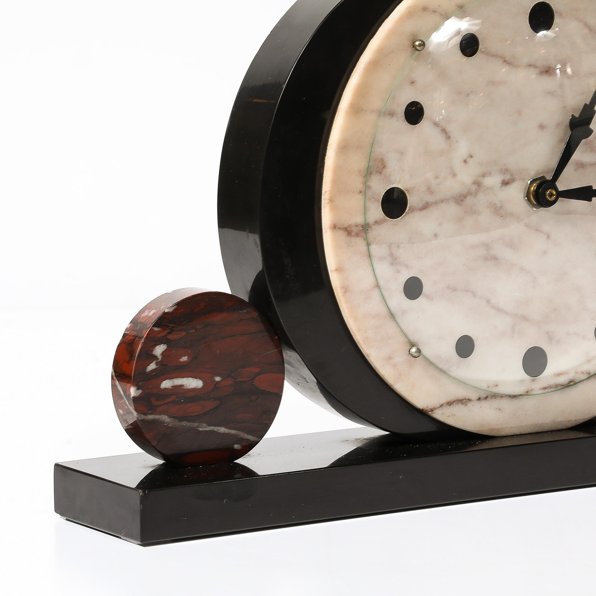 Art Deco Exotic Marble & Onyx Mantelpiece Clock W/ Bronze Sculptural Detail 7