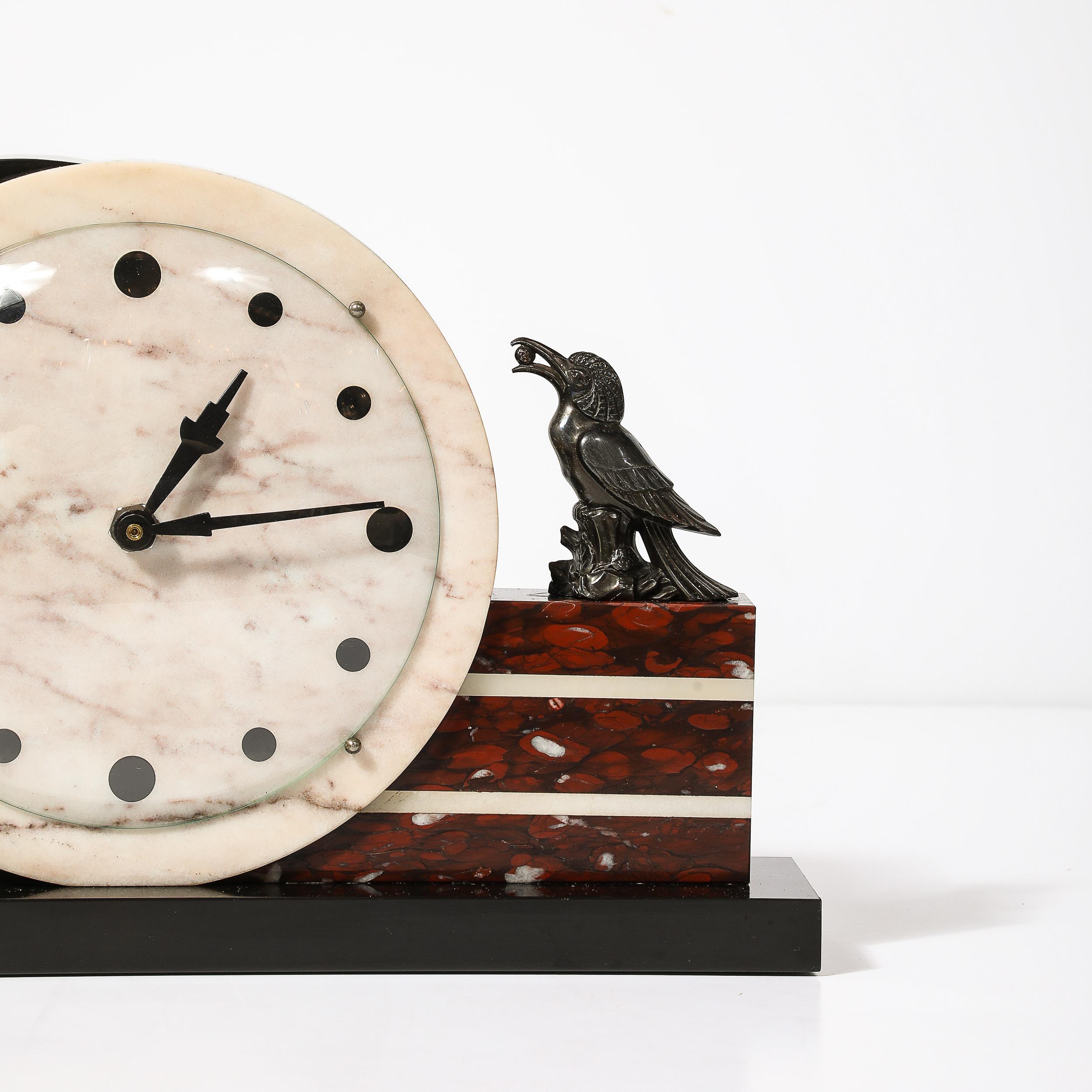 French Art Deco Exotic Marble & Onyx Mantelpiece Clock W/ Bronze Sculptural Detail